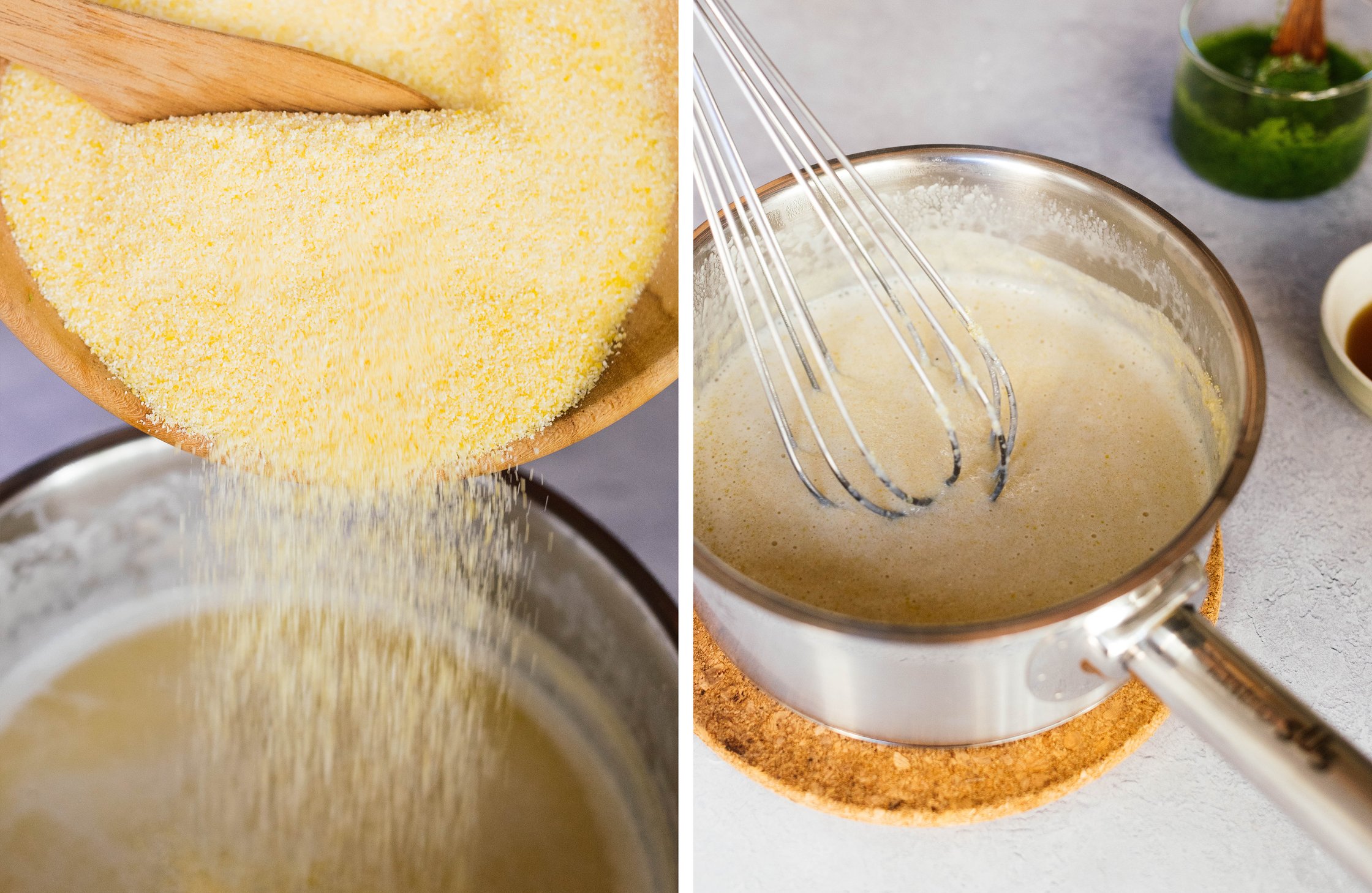 Polenta wird in einen Topf geschüttet und aufgekocht.