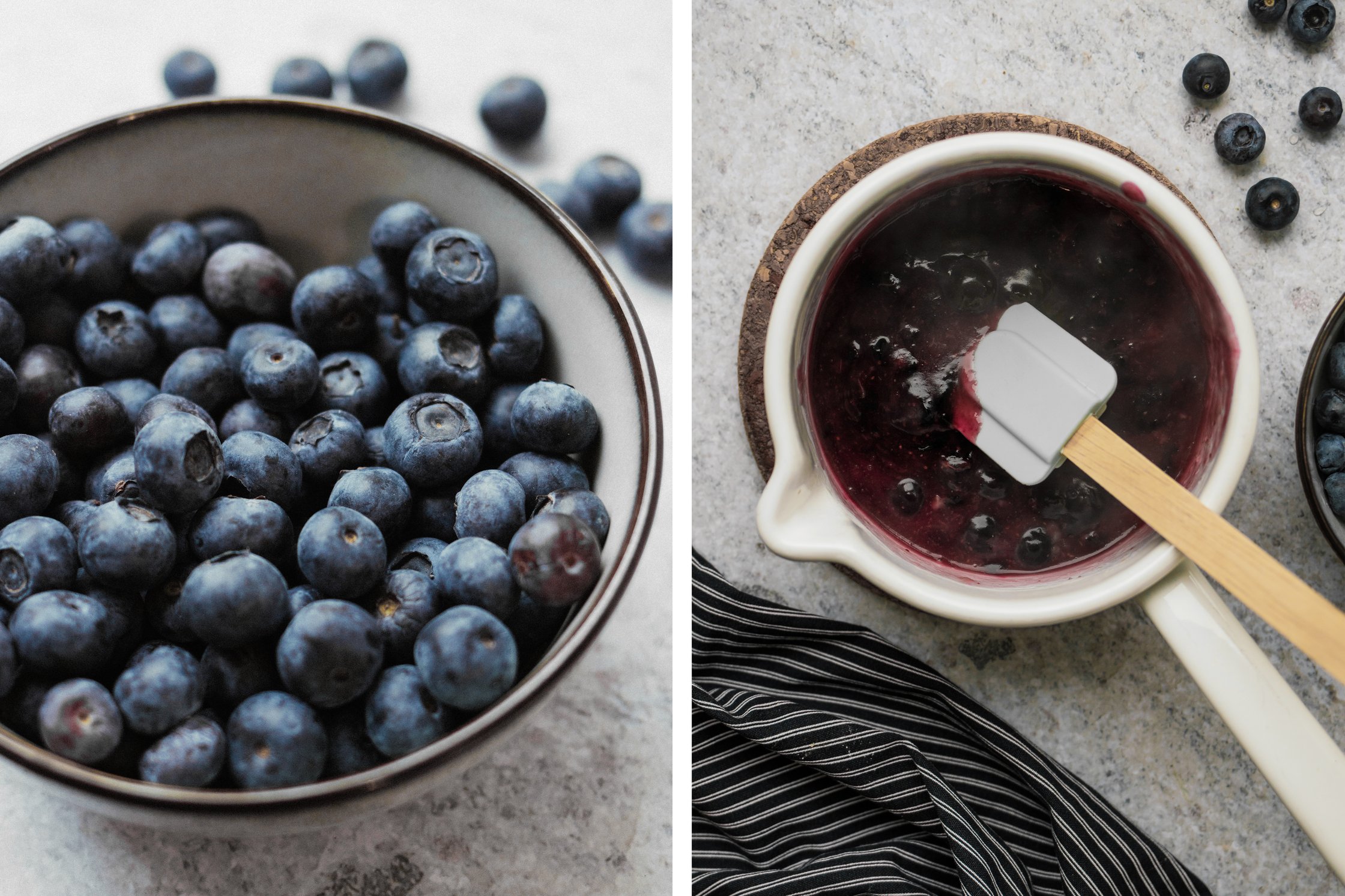 Zwei Bilder nebeneinander. Links: eine Schüssel mit frischen Blaubeeren, Küchenhandtuch im Anschnitt. Rechts: Topf auf Unters