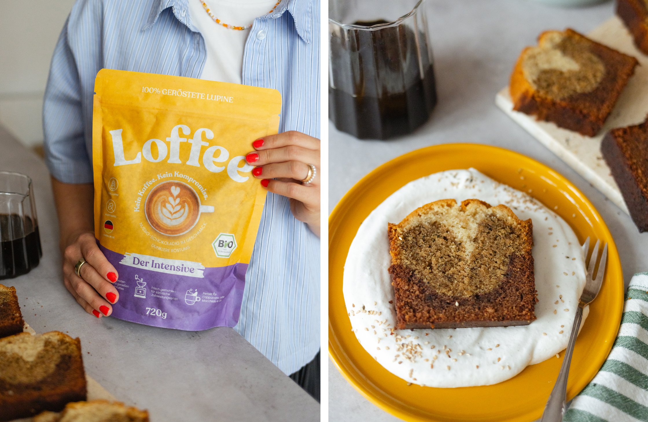 a packet of Loffee; a piece of cake with sesame cream on a plate