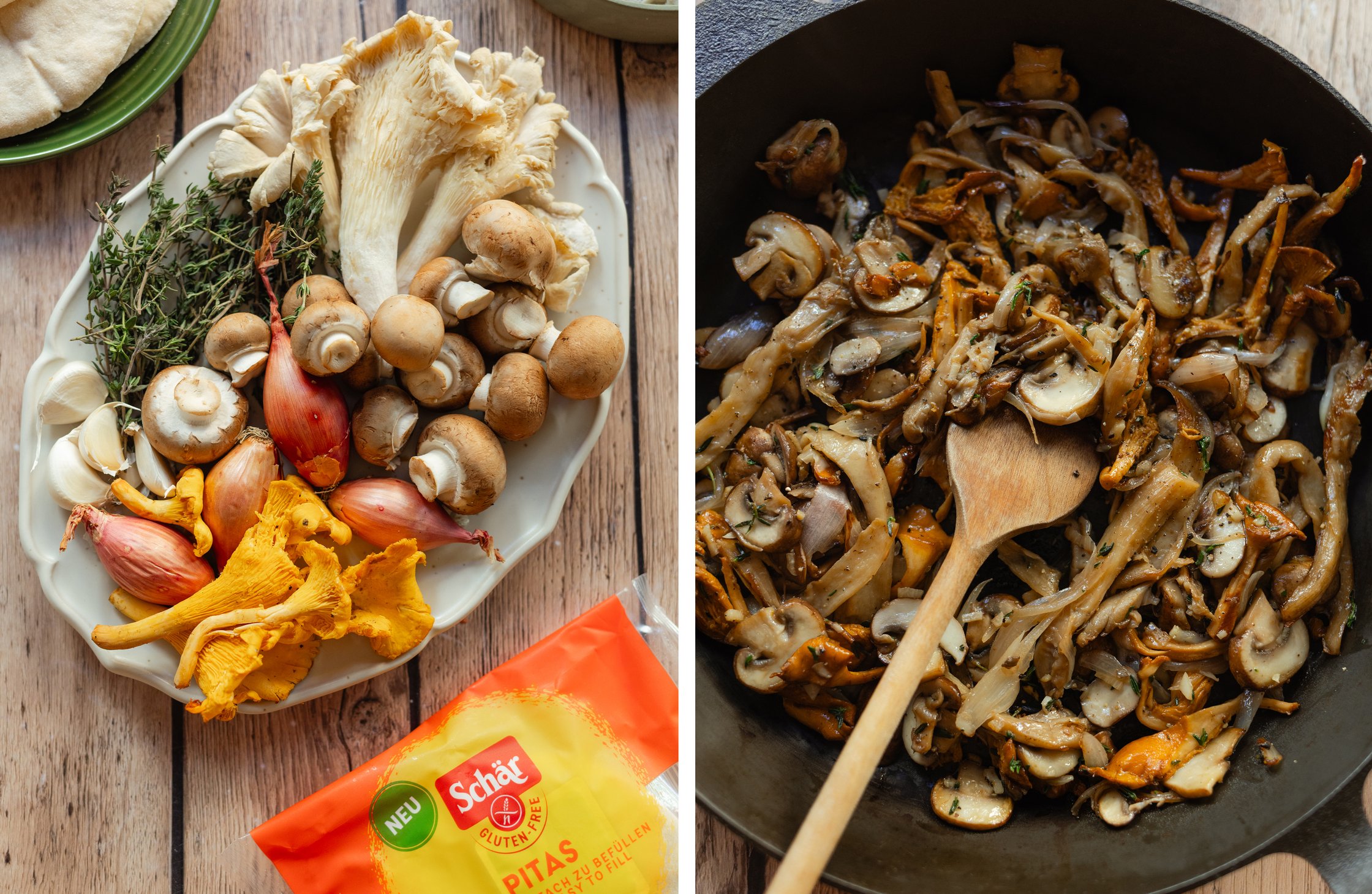 ingredients for the pita pizza; fried mushrooms in a pan