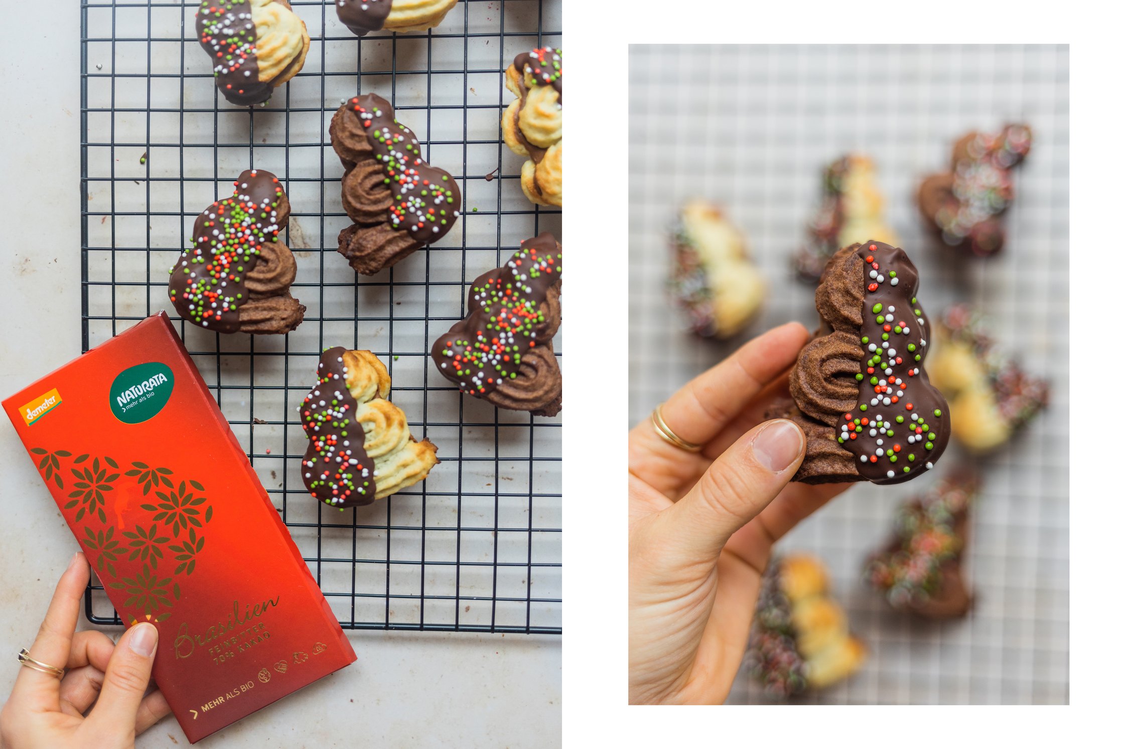 vegan spritz cookies with chocolate and sprinkles are lying on a rack