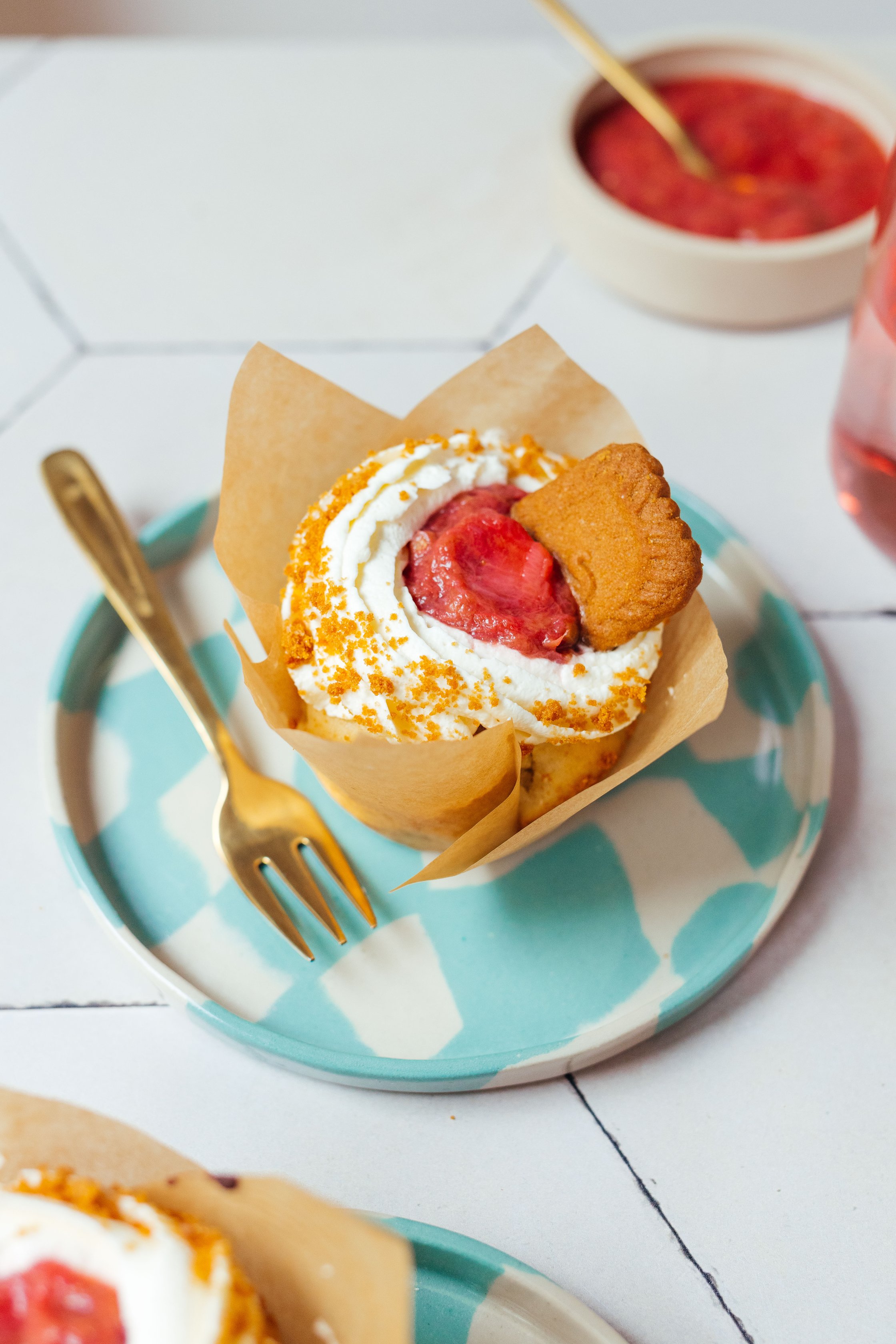 vegan rhubarb muffins with biscoff served on a plate