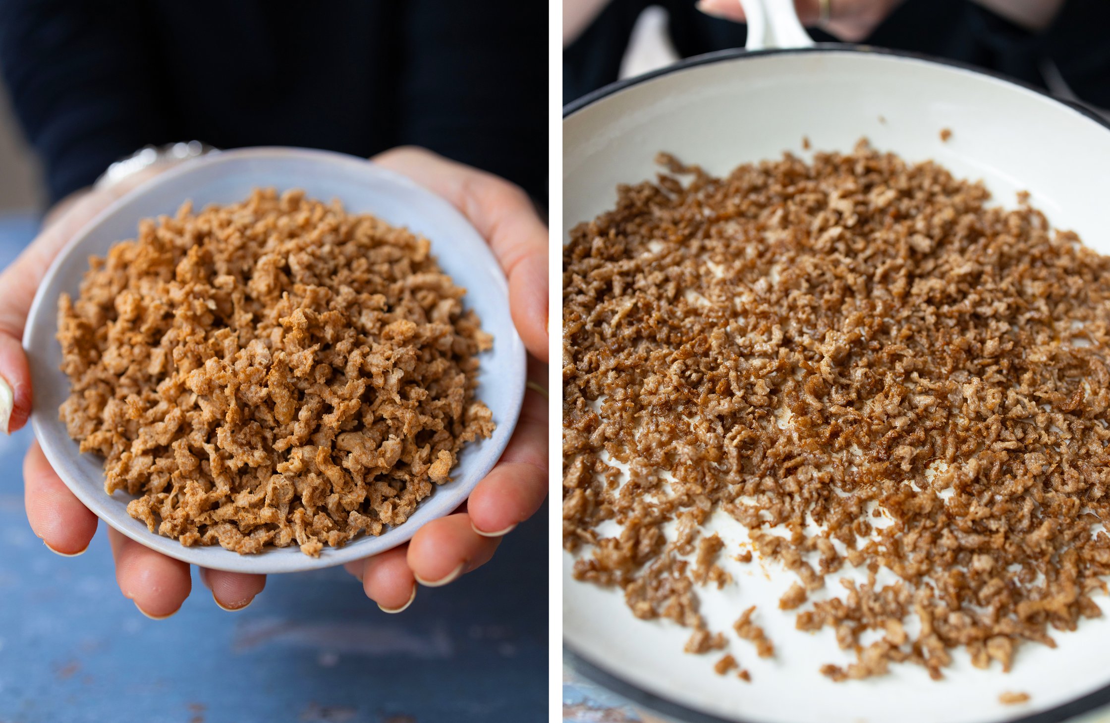links: veganes Hackgranulat
rechts: veganes Hackgranulat zum Einweichen, angebraten
