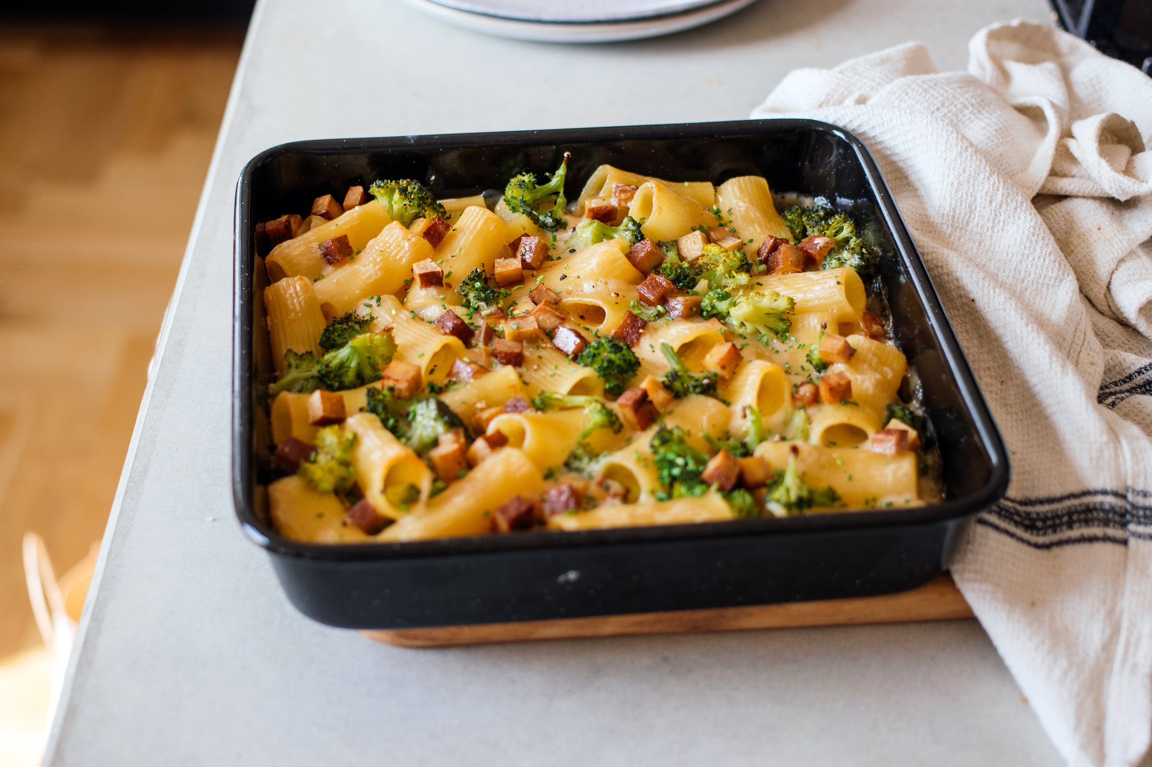 Vegan Baked Pasta with Smoked Tofu and Broccoli ready to be served