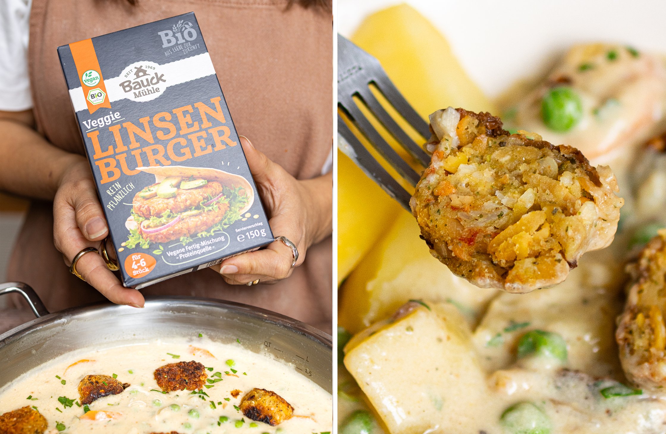 Zweigeteiltes Bild mit der Packung von den veganen Linsen-Burgern von Bauck und einem geteilten veganen Hackbällchen auf eine
