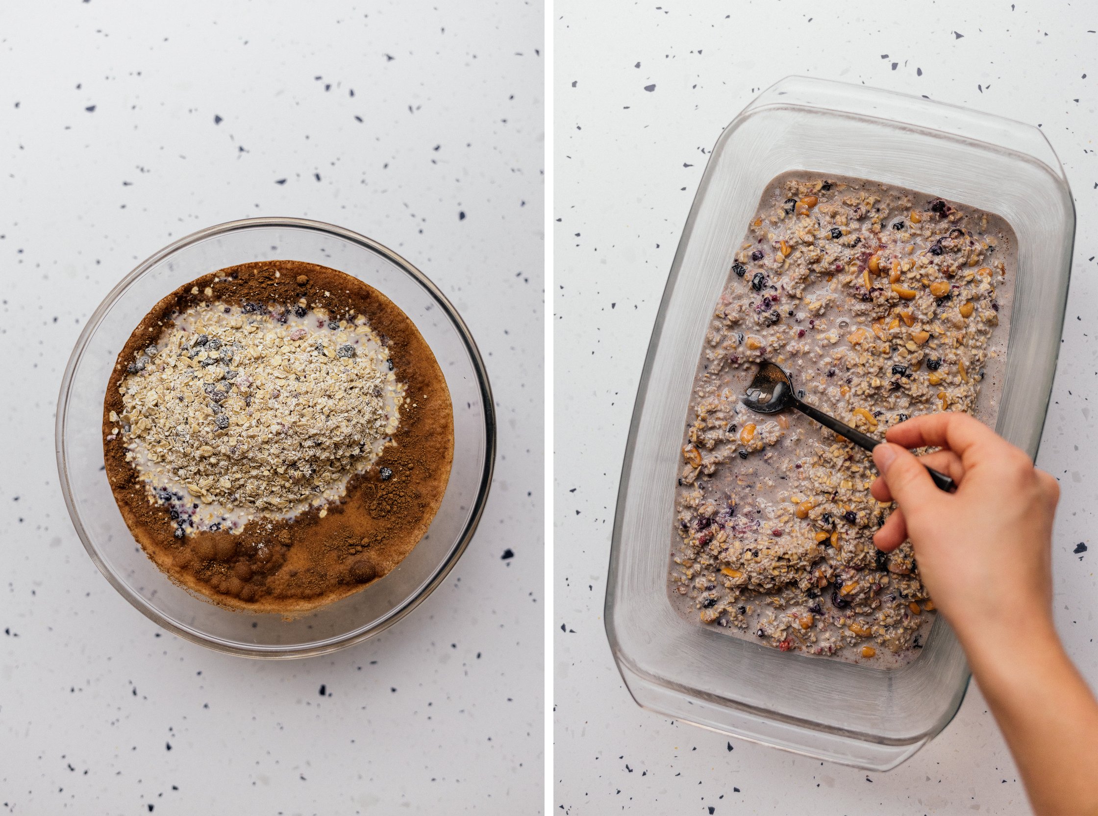 adding oatmeal to a baking dish