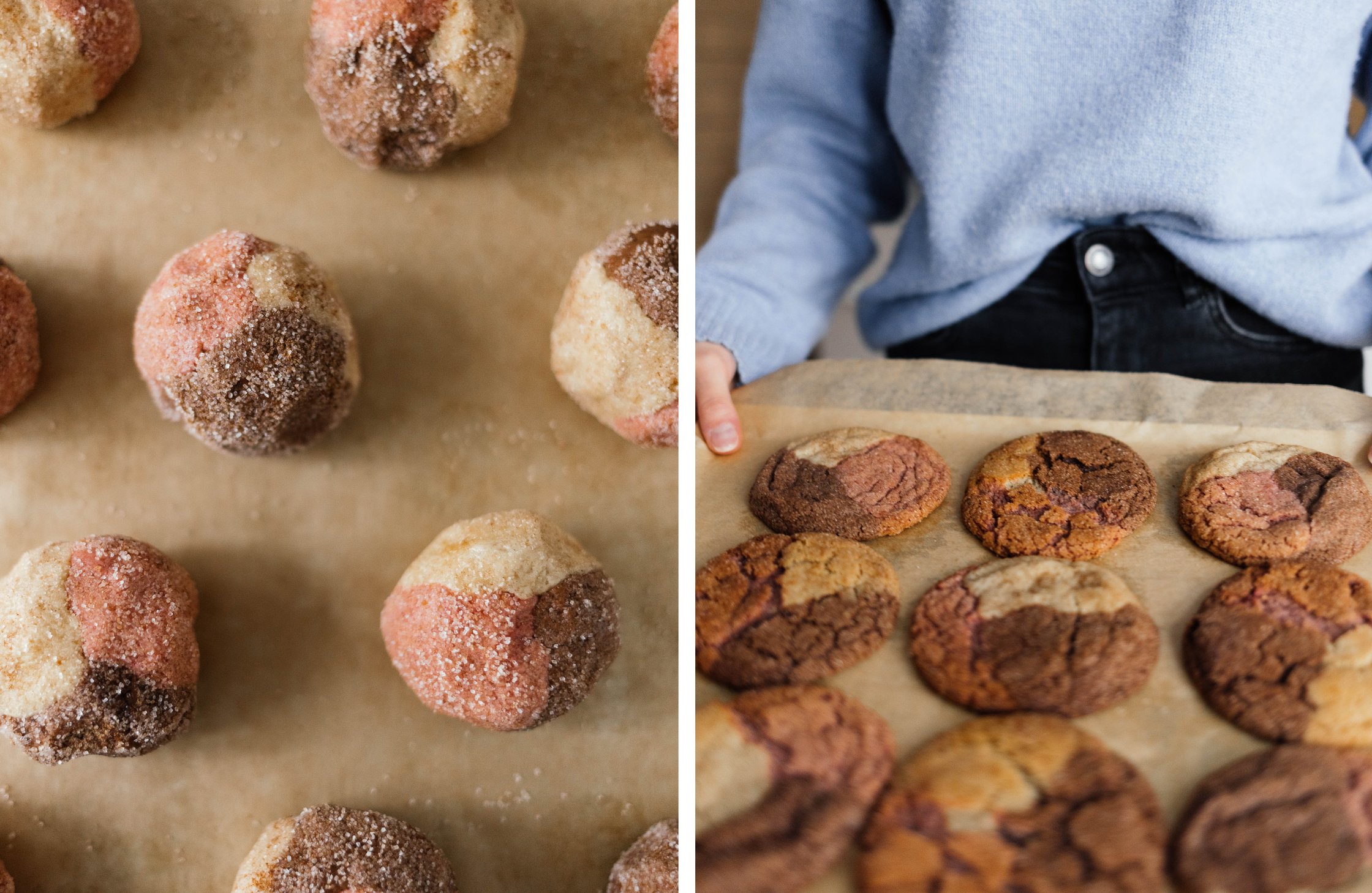 vegane Neapolitan Cookies vor und nach dem Backen