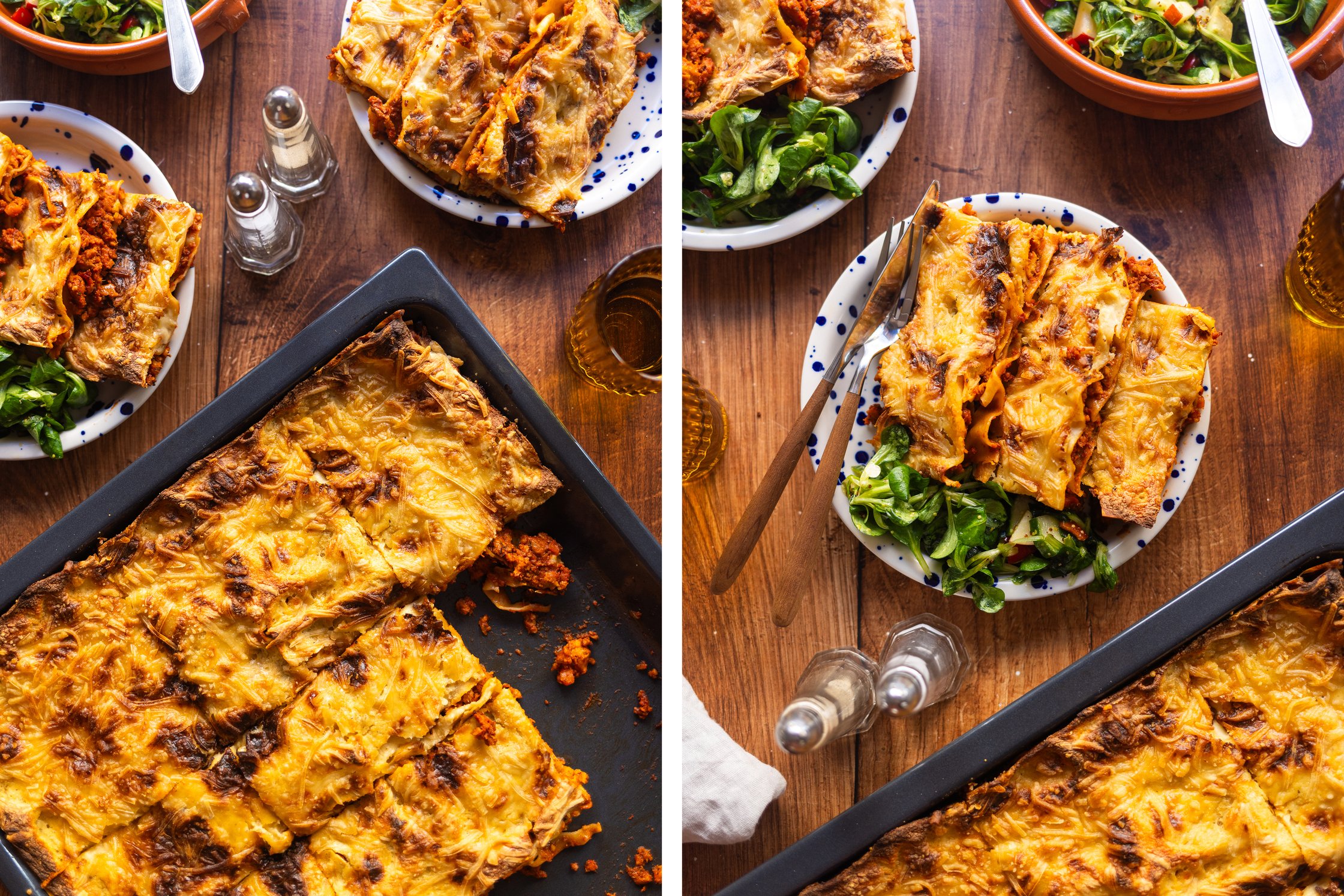 vegane Lasagne auf einem Blech gebacken