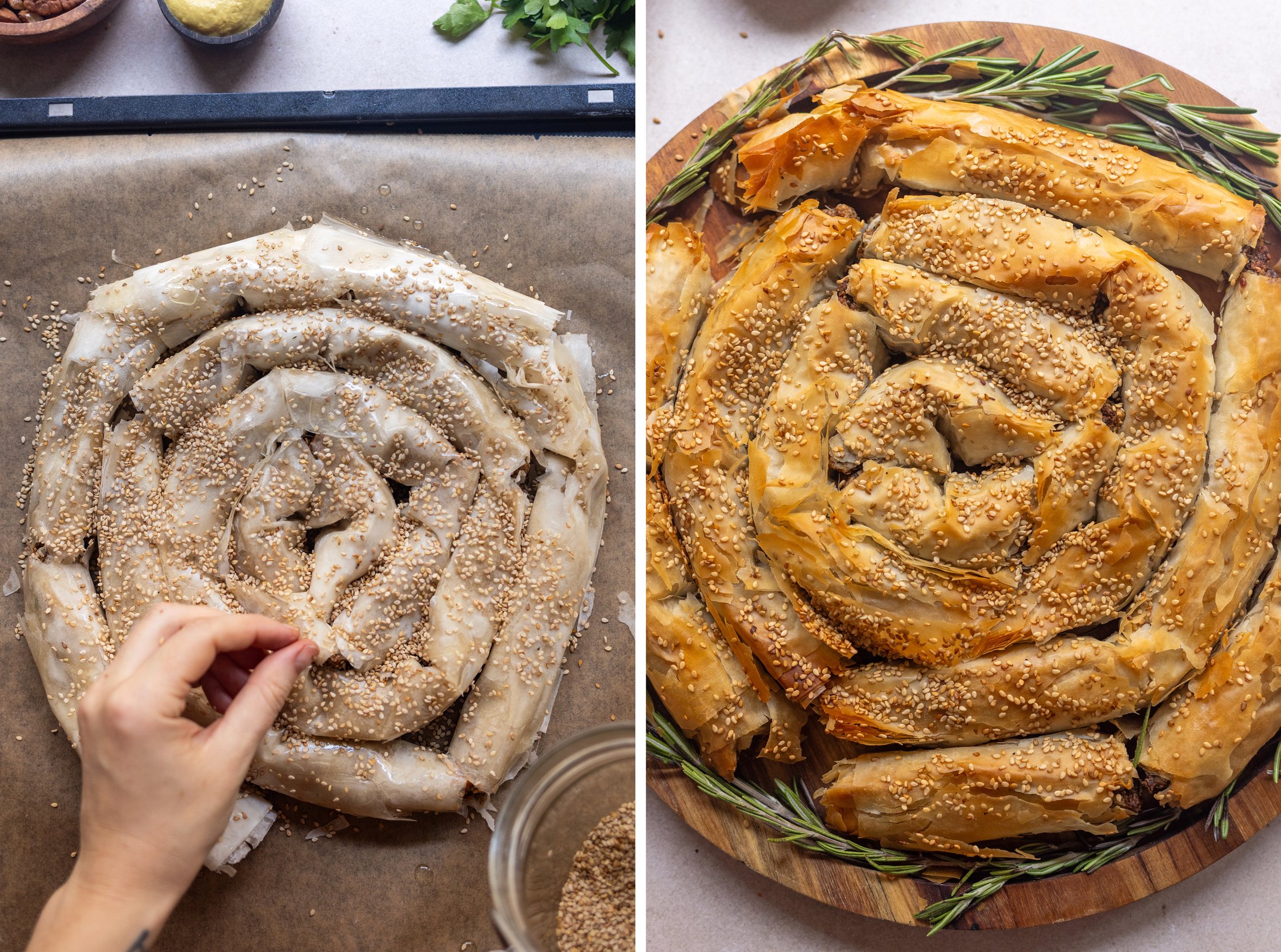 Plant-Based Nut Roast Strudel before and after baking
