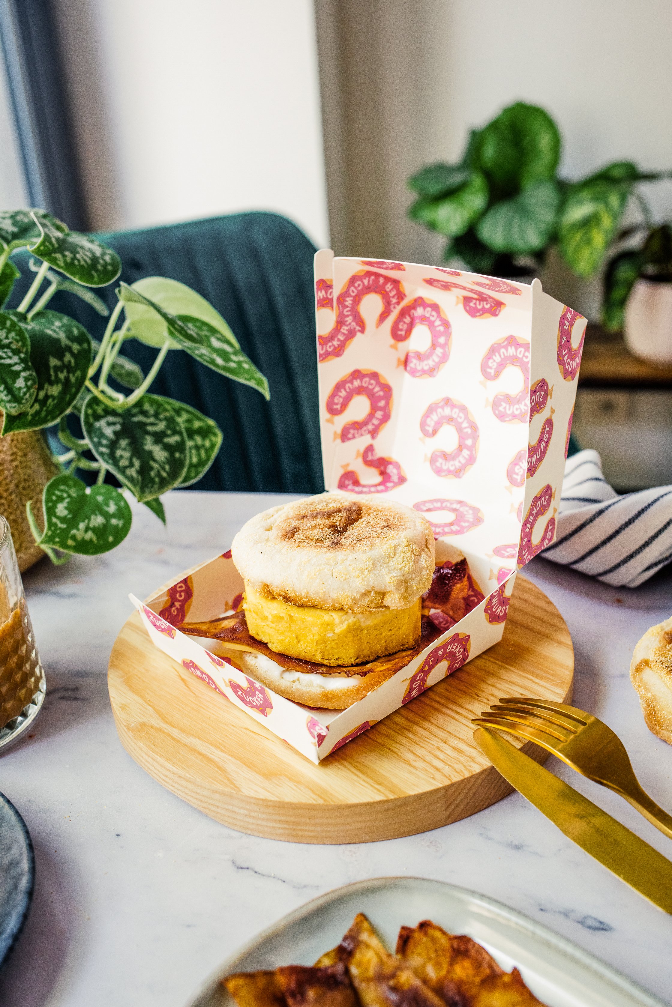 vegan mcmuffin in a small box