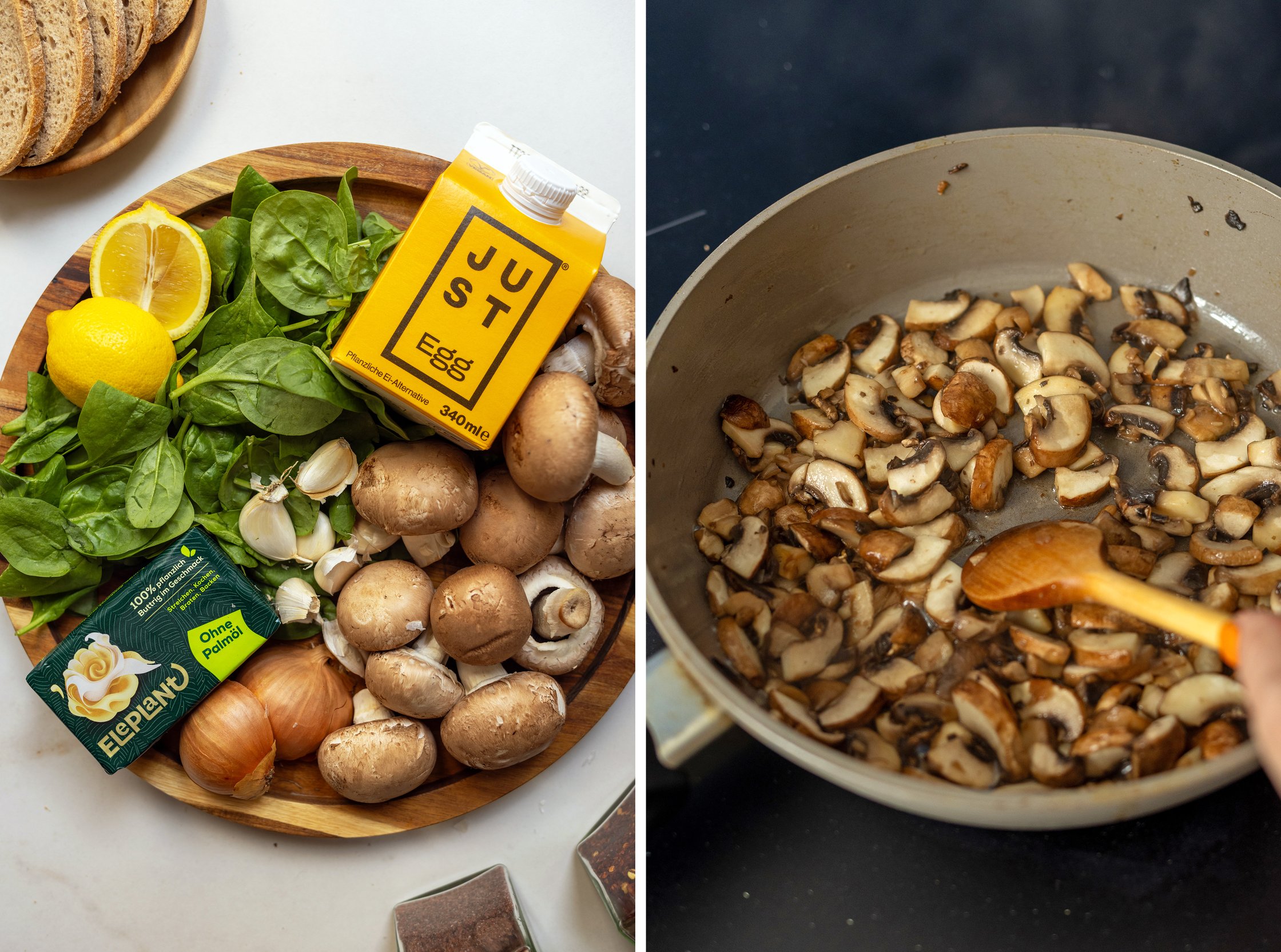 Links sieht man auf einer Platte alle Zutaten für das vegane Omelette und rechts werden die Pilze gebraten.