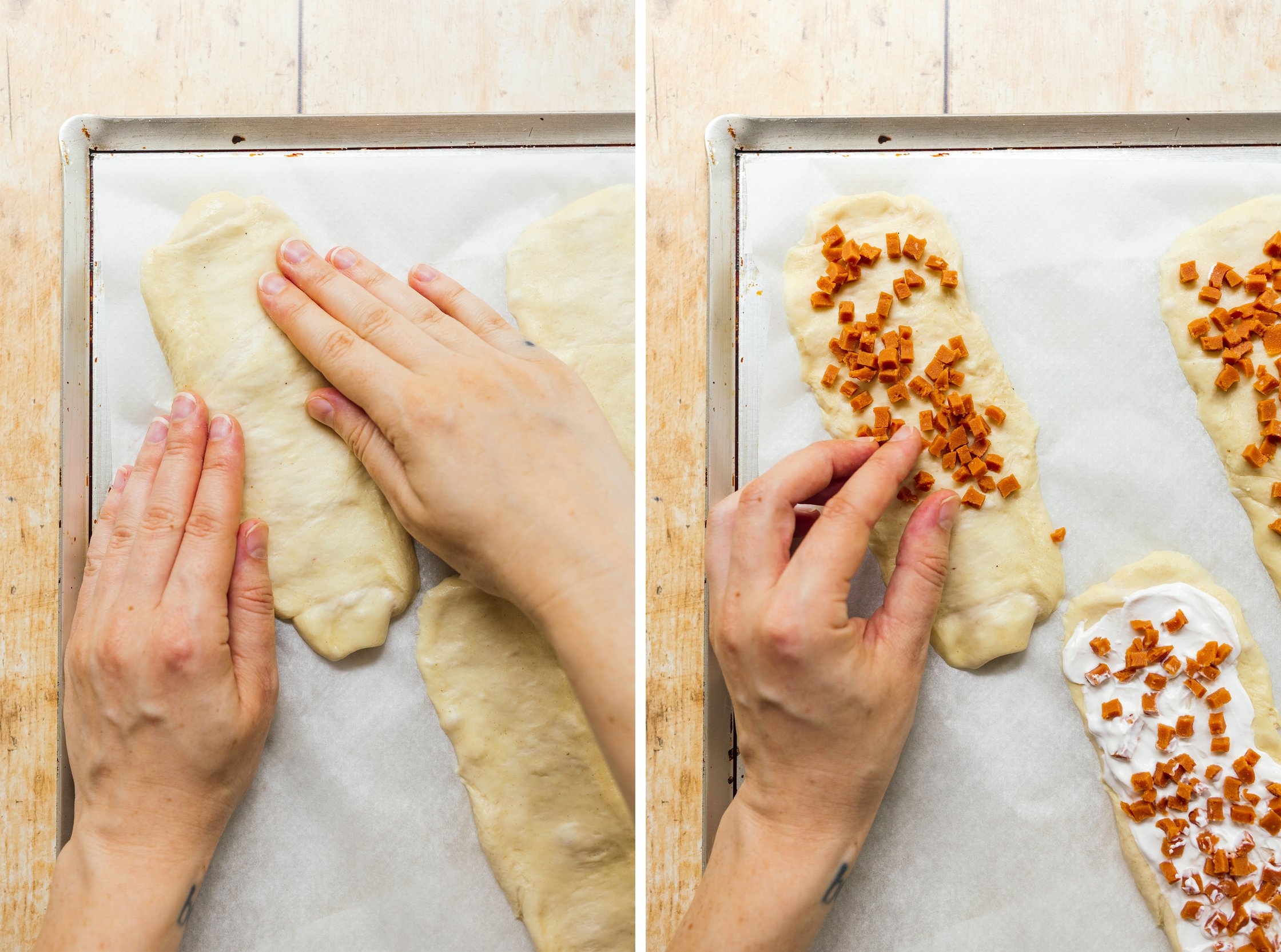 flattening out a pretzel stick and topping it with plant-based bacon