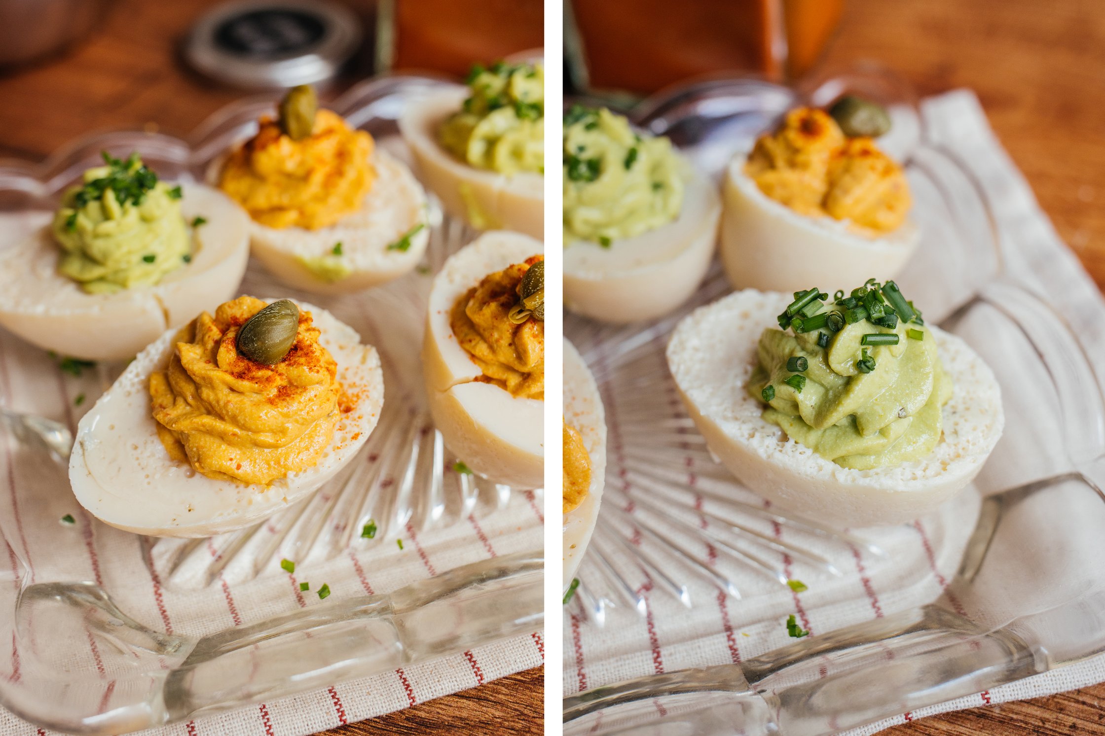 vegan eggs with a green and red stuffing