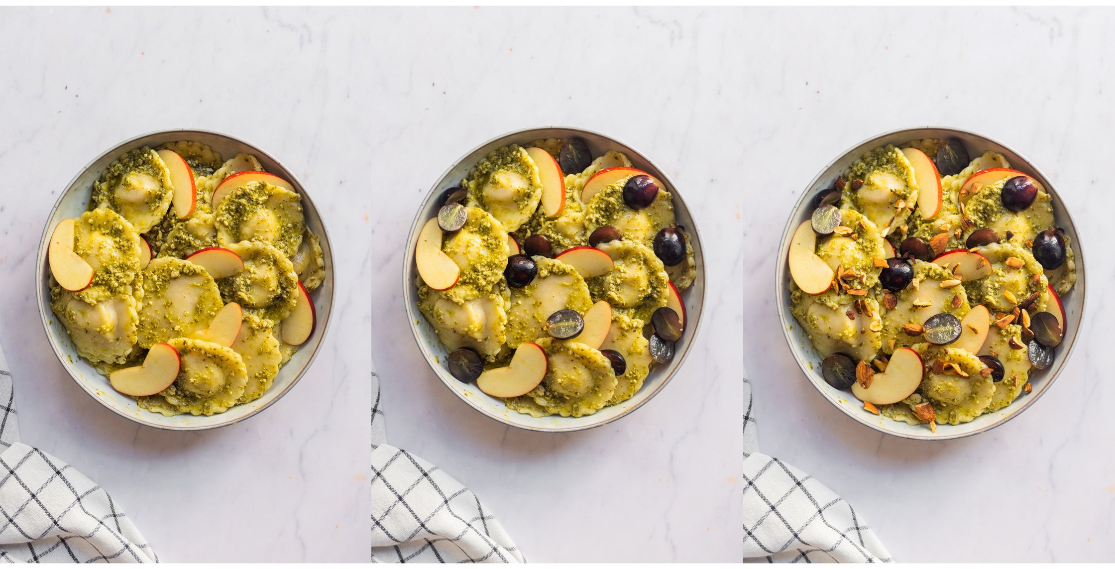 Teller mit Ravioli-Pesto-Salat mit Äpfeln, Tauben und Mandeln