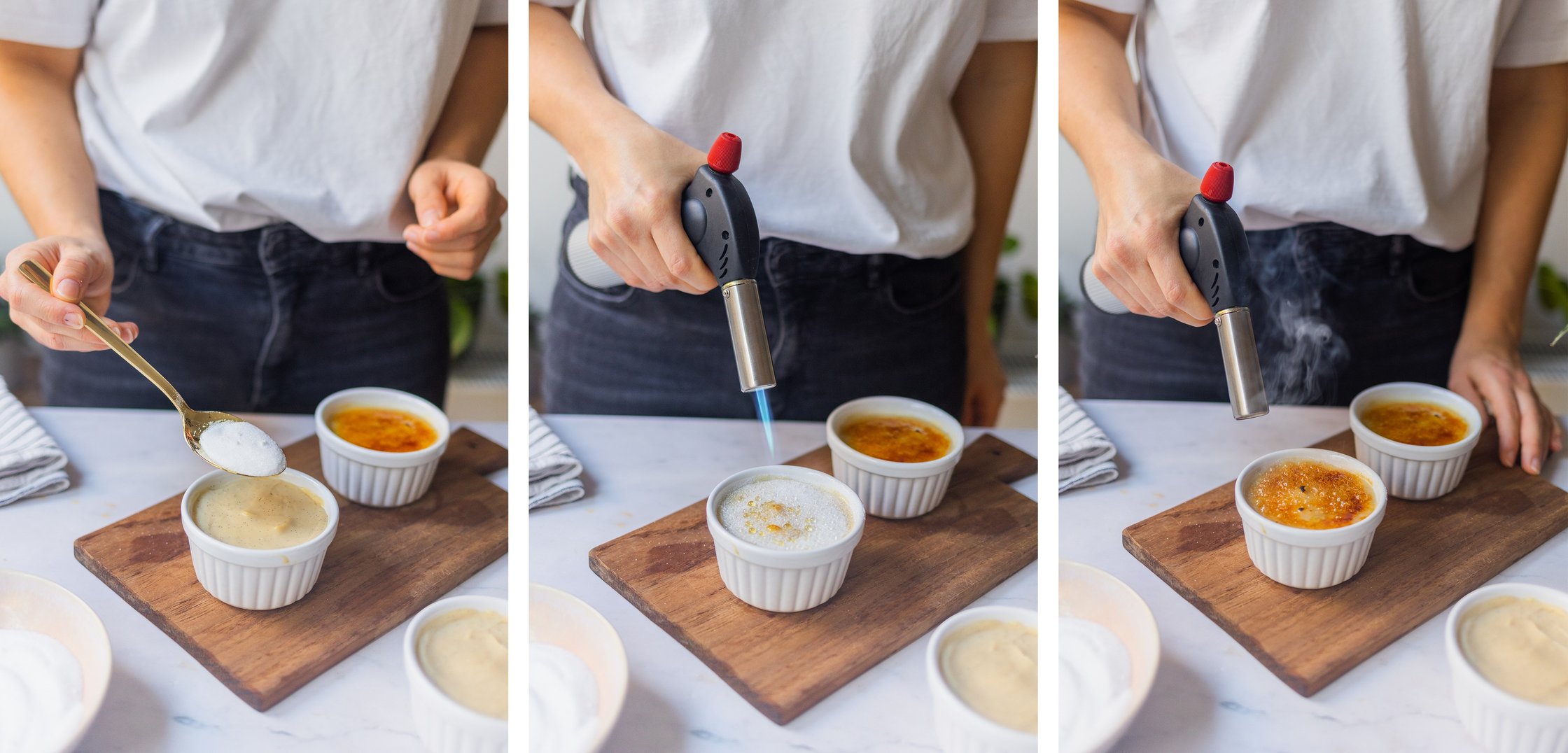 Vegan Creme Brulee is sprinkled with sugar and then briefly gratinated.