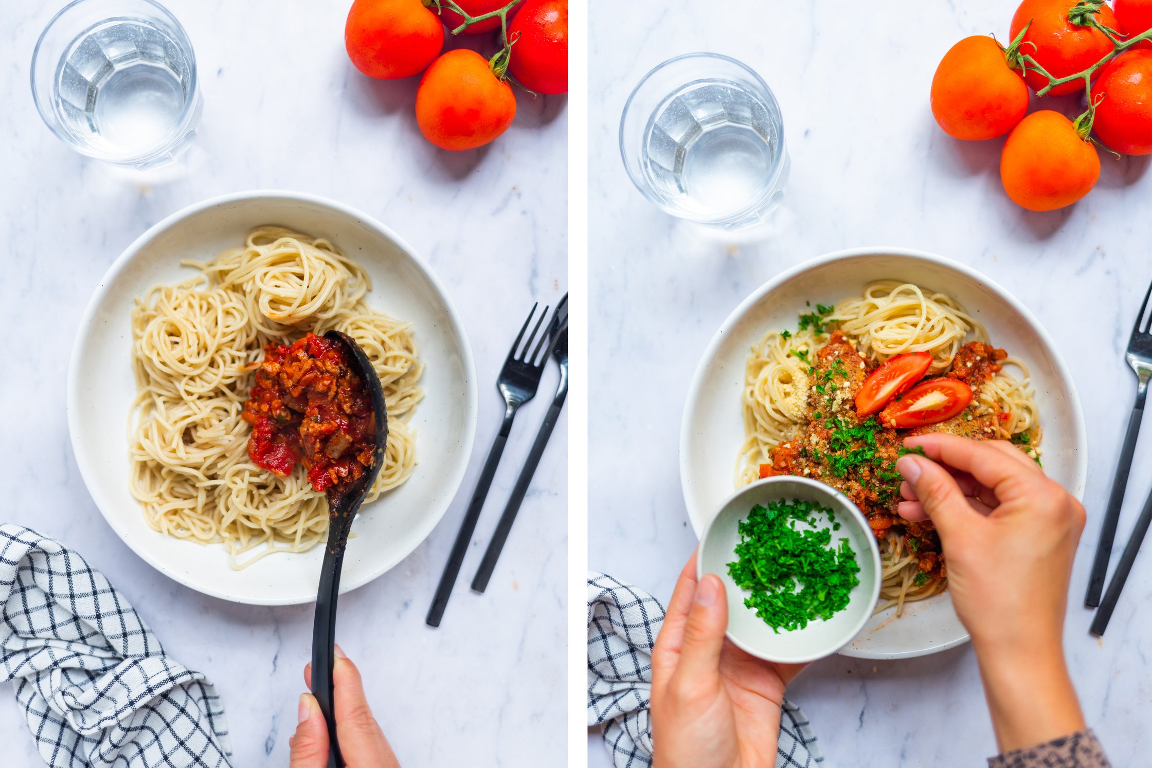 A plate with vegan spaghetti bolognese and parsley on a white background.
