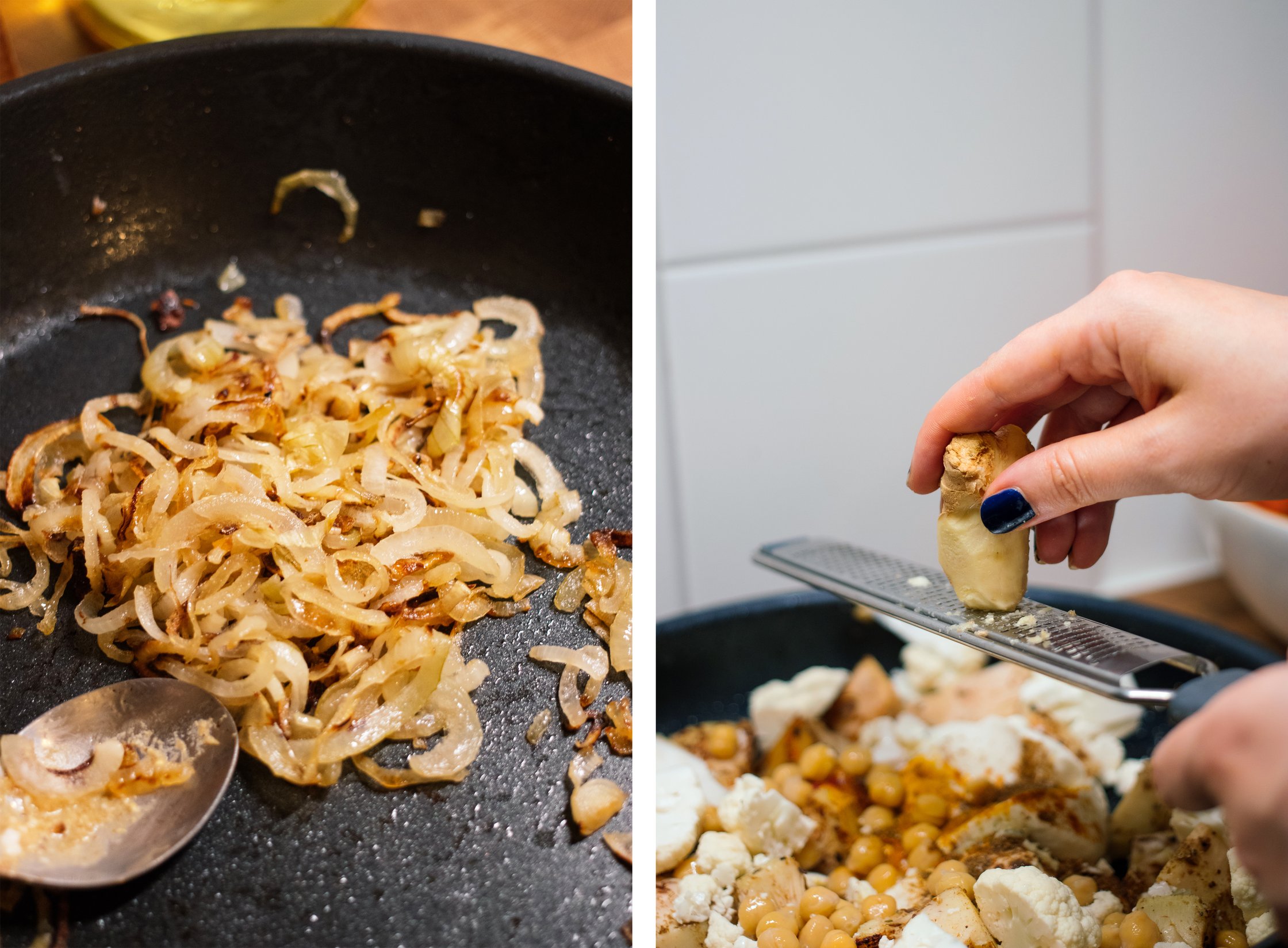 frying onions for vegan jackfruit biryani