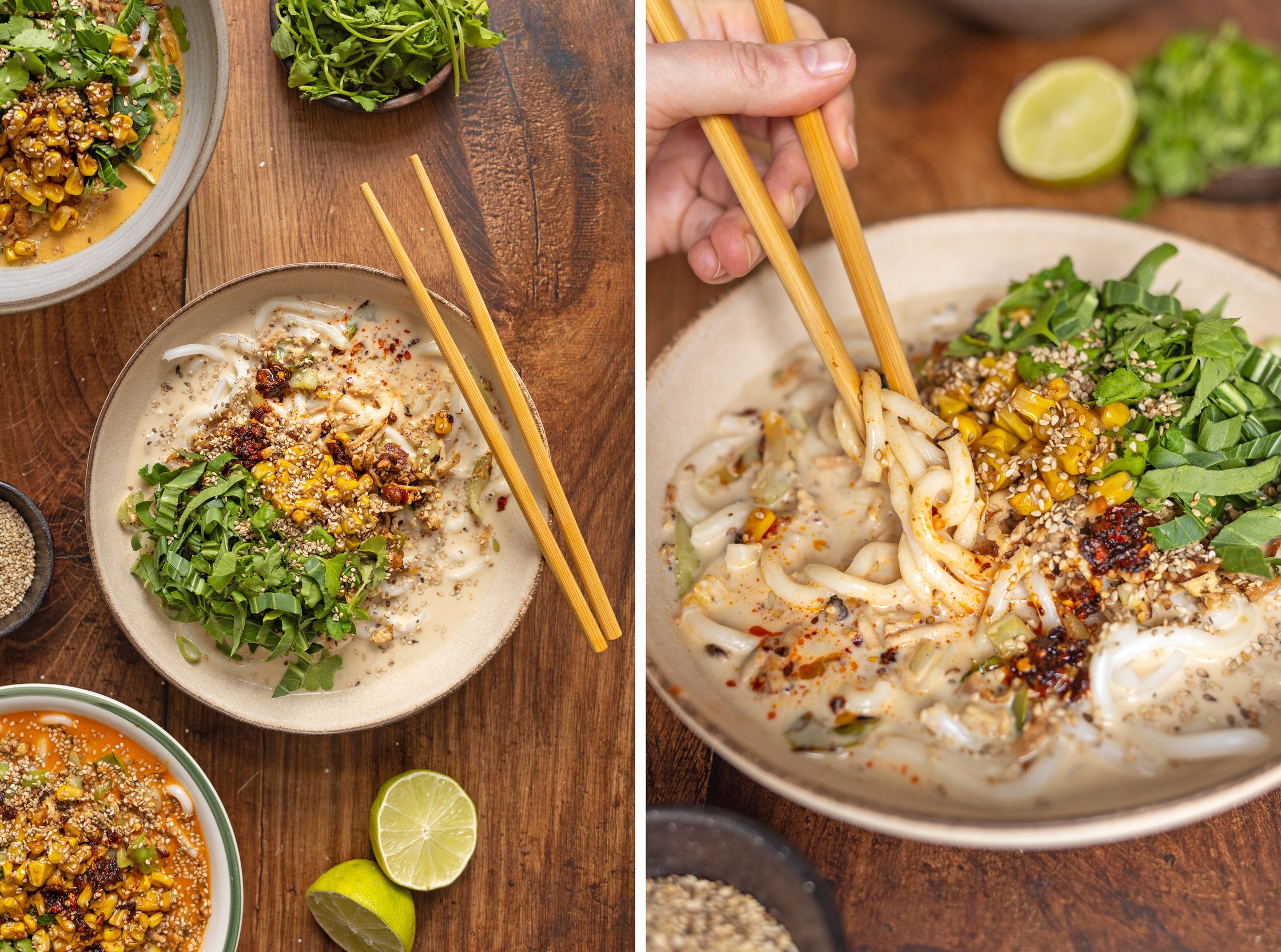 eating Curry with Udon Noodles, Tofu, and Pan-Fried Corn