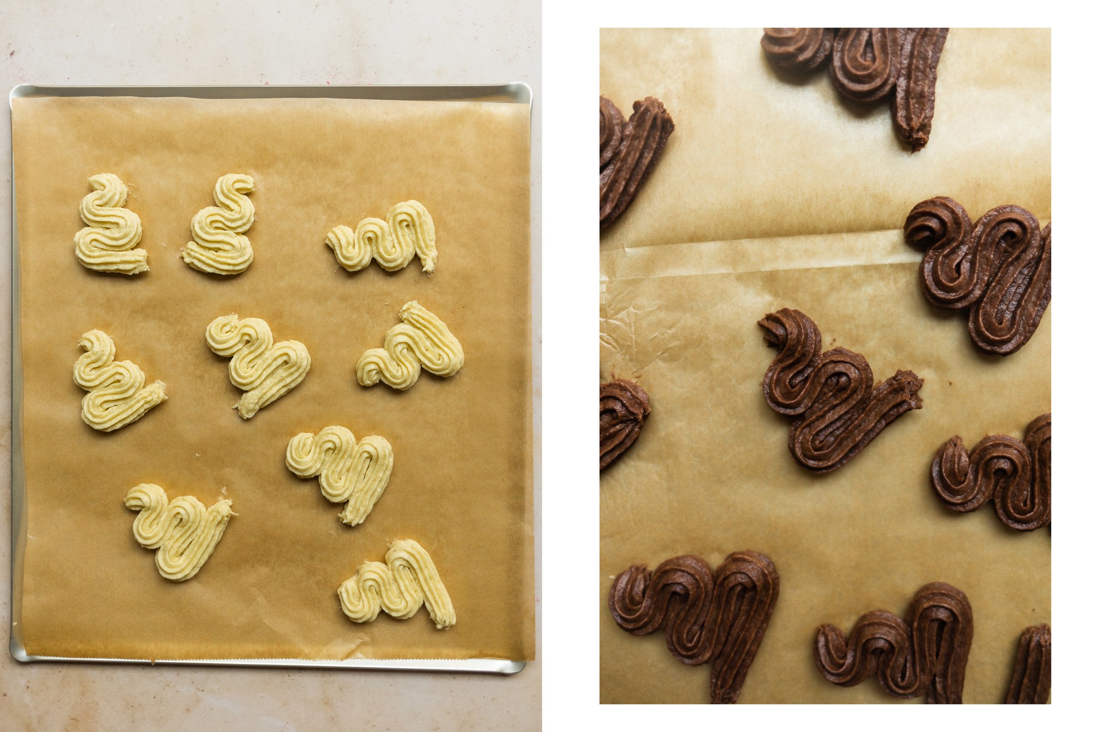 vegan spritz cookies on a baking dish