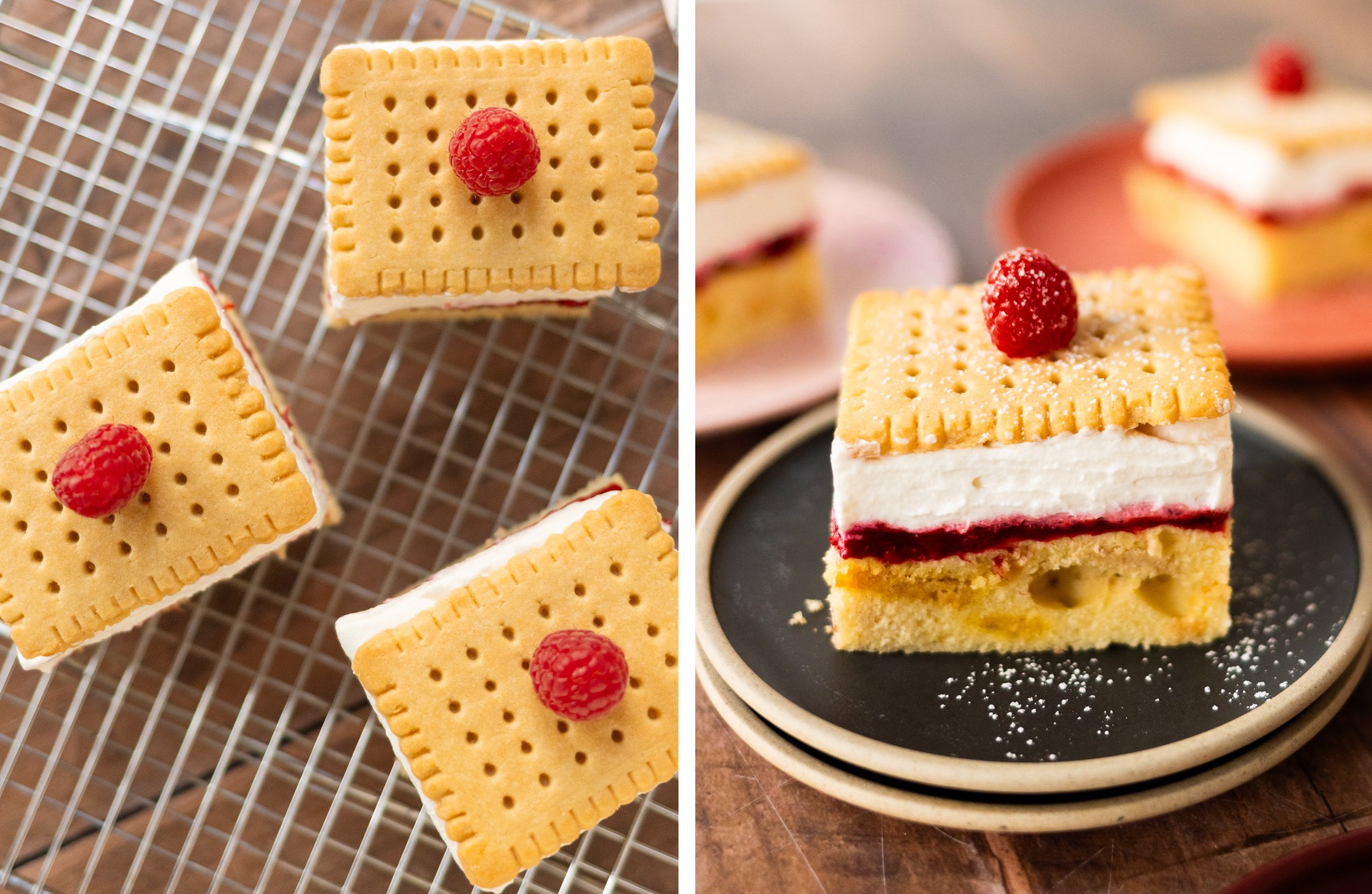 multiple slices raspberry shortbread cake