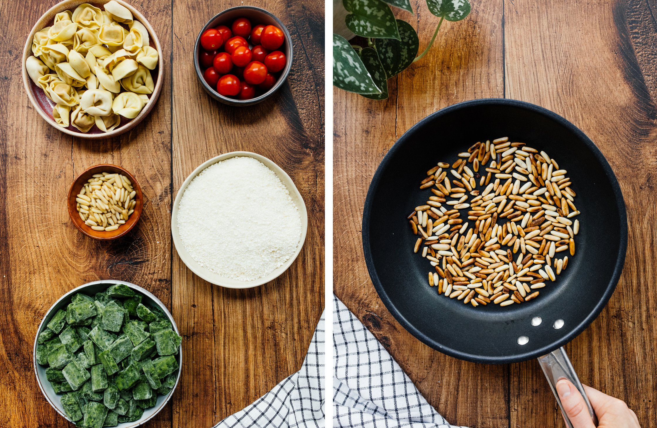 five ingredients for vegan tortellini casserole; roasting pine nuts