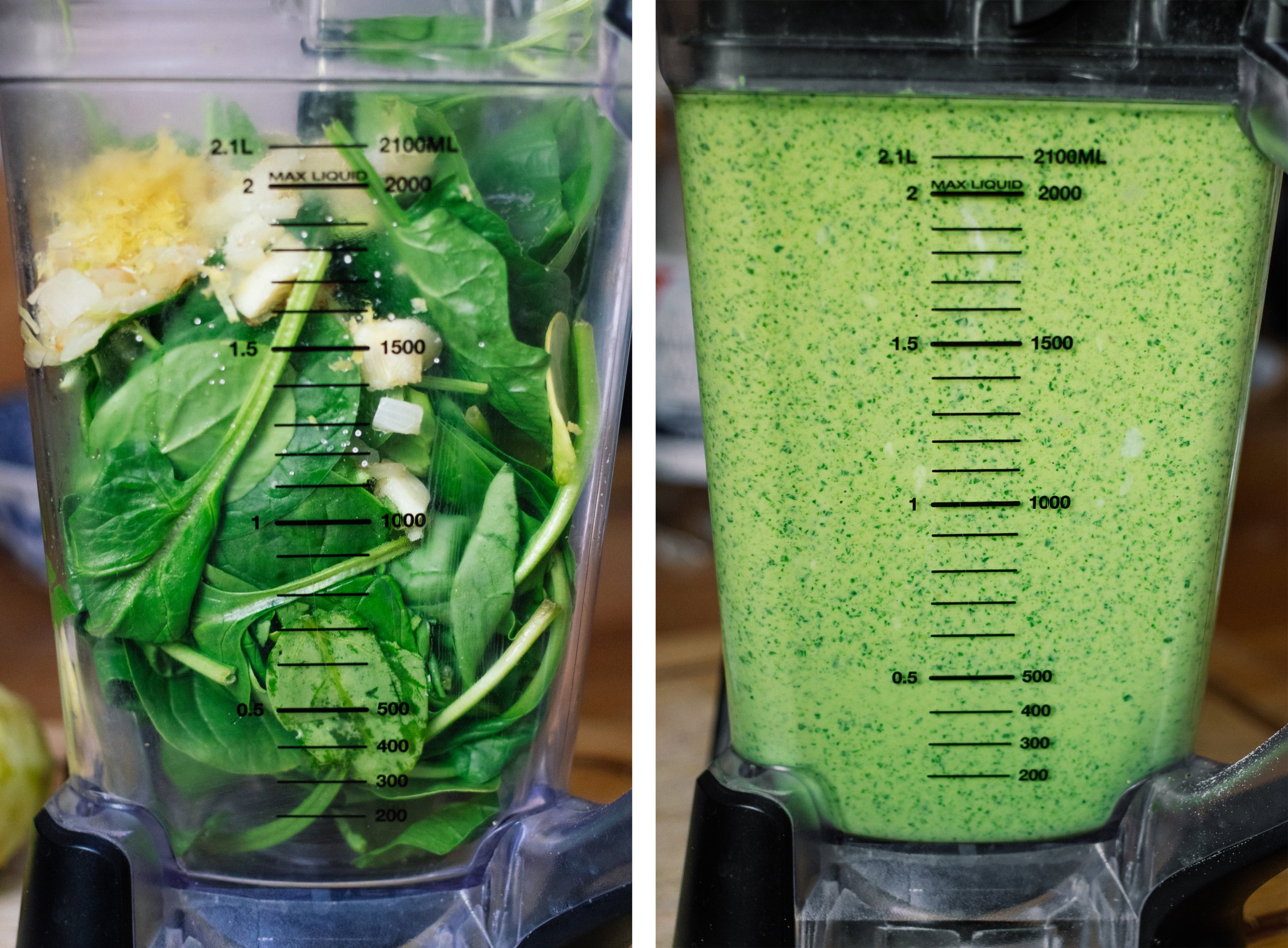 batter for vegan spinach pancakes before and after mixing