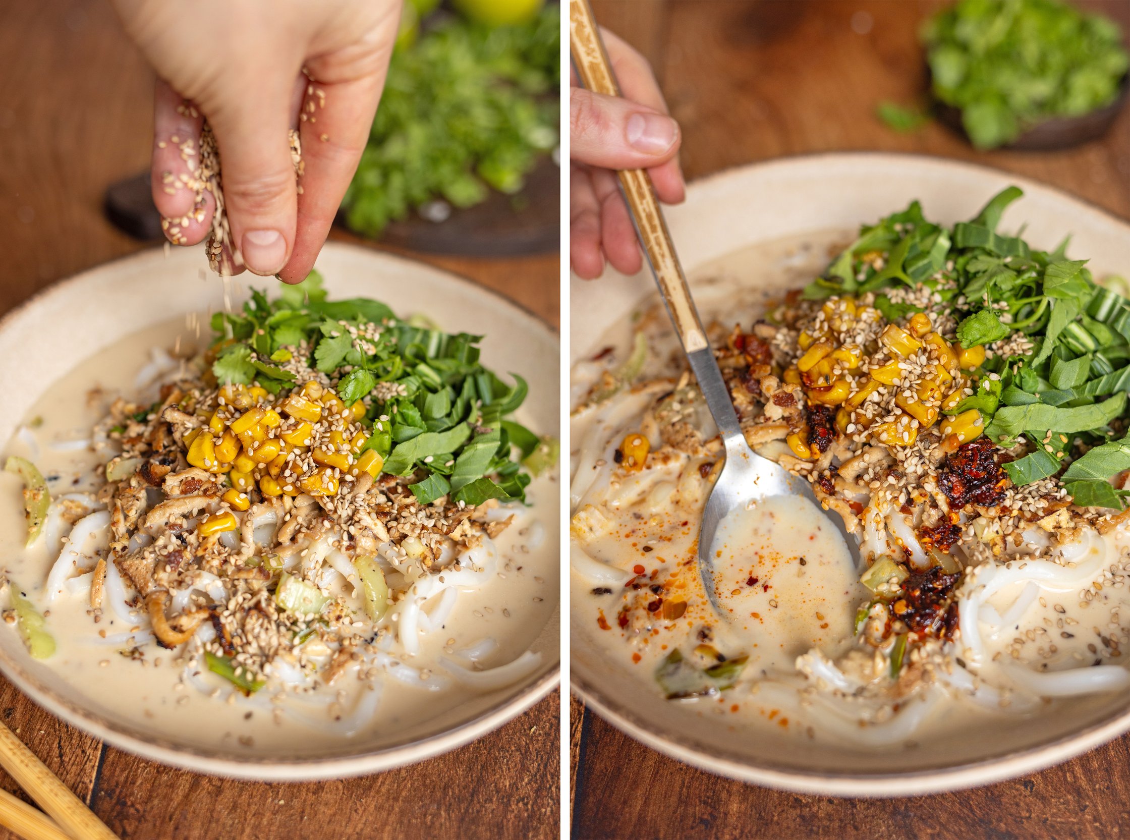 sprinkling sesame seeds on Curry with Udon Noodles, Tofu, and Pan-Fried Corn