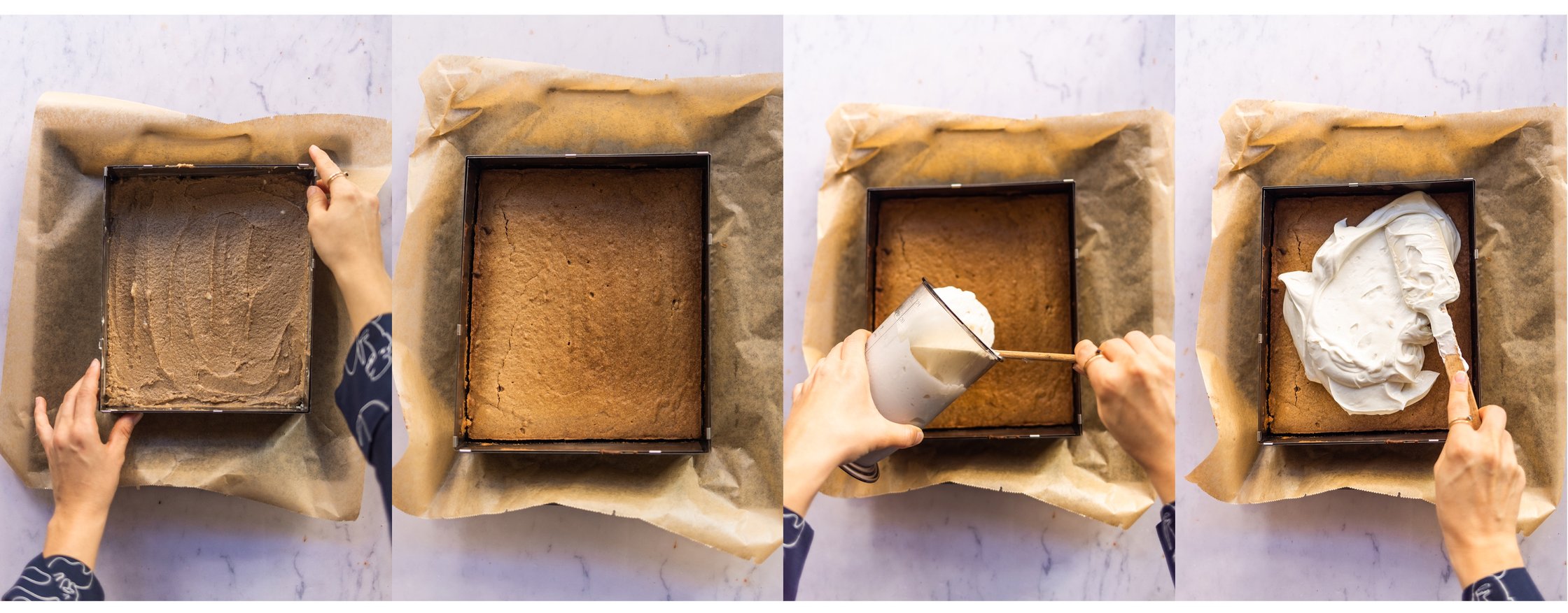 Teig für Gewürzkuchen in einer rechteckigen Form, gebacken, wird getoppt mit Frischkäse-Frosting