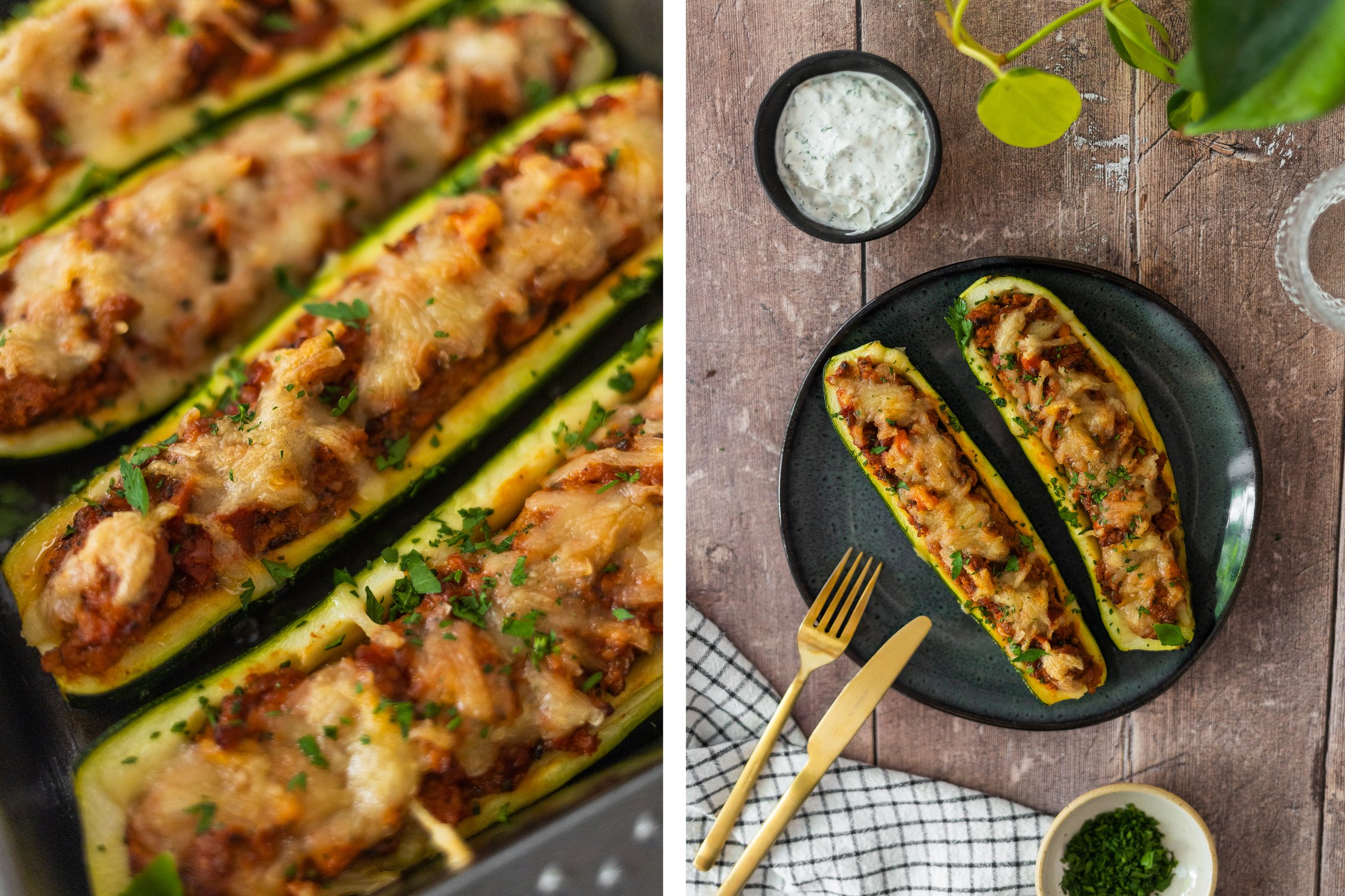 Vegane Zucchini mit Käse überbacken.