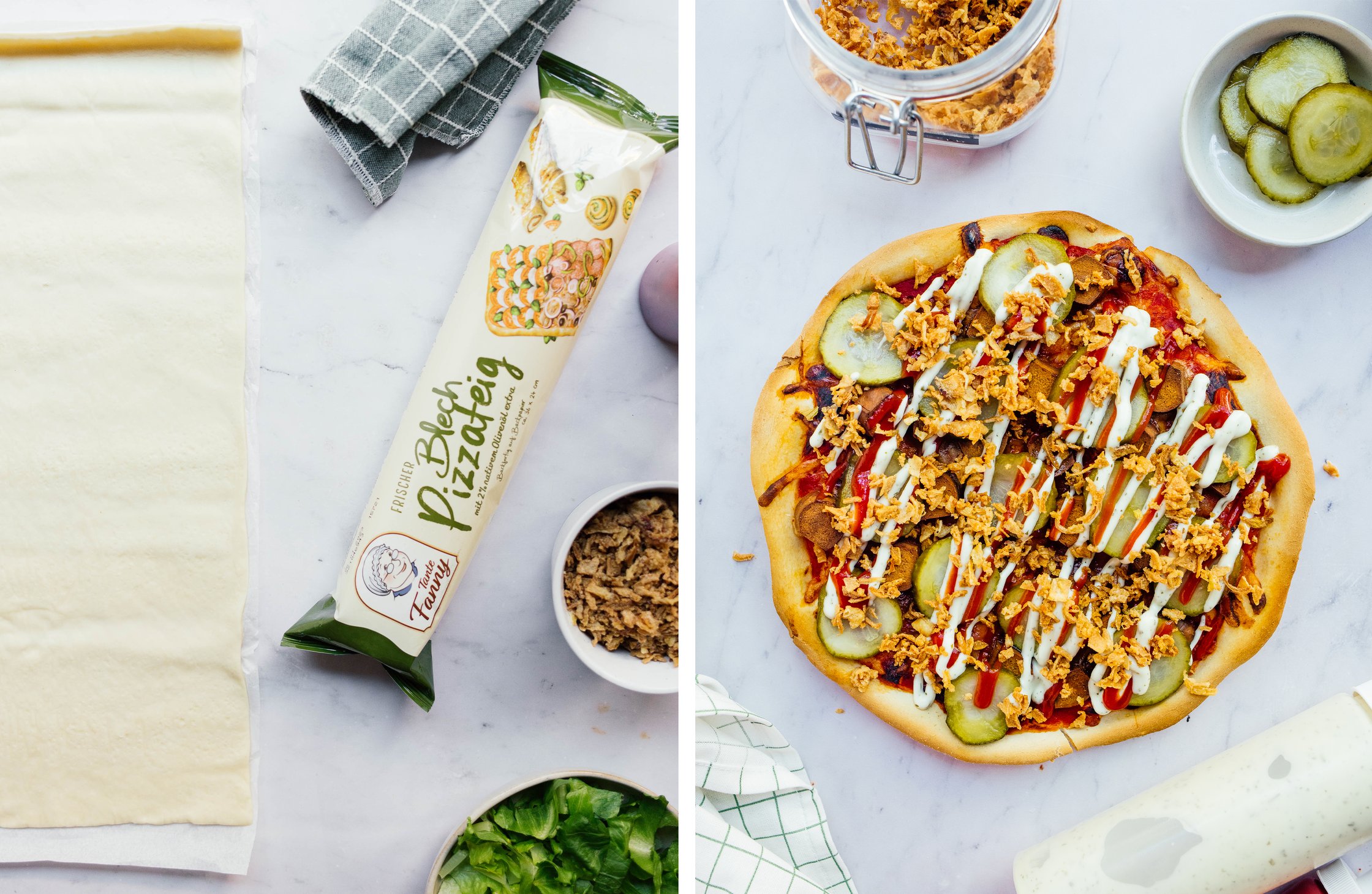 vegan hot dog pizza made from store-bought pastry