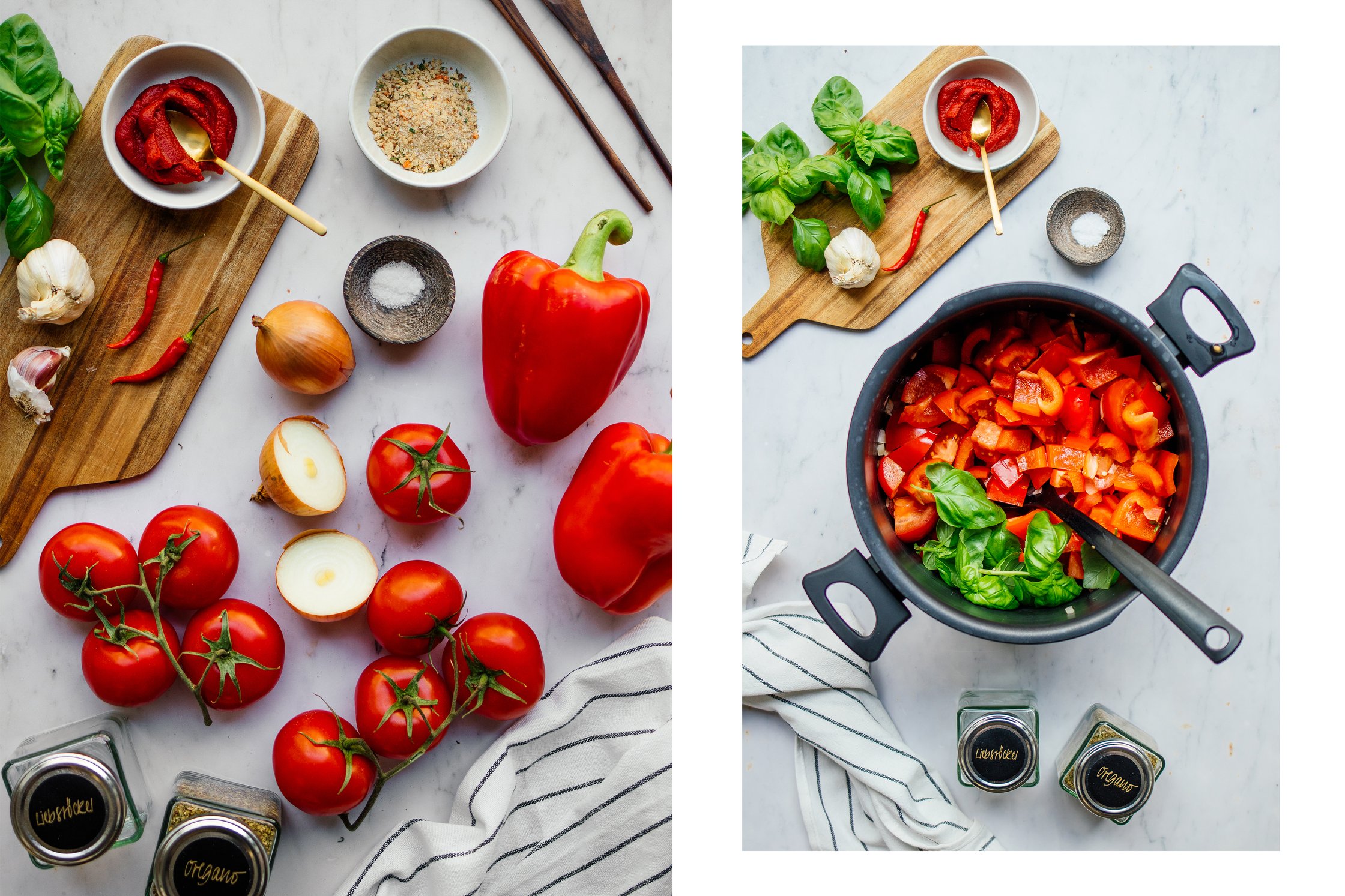 ingredients of a vegan tomato soup lying chopped in a pot