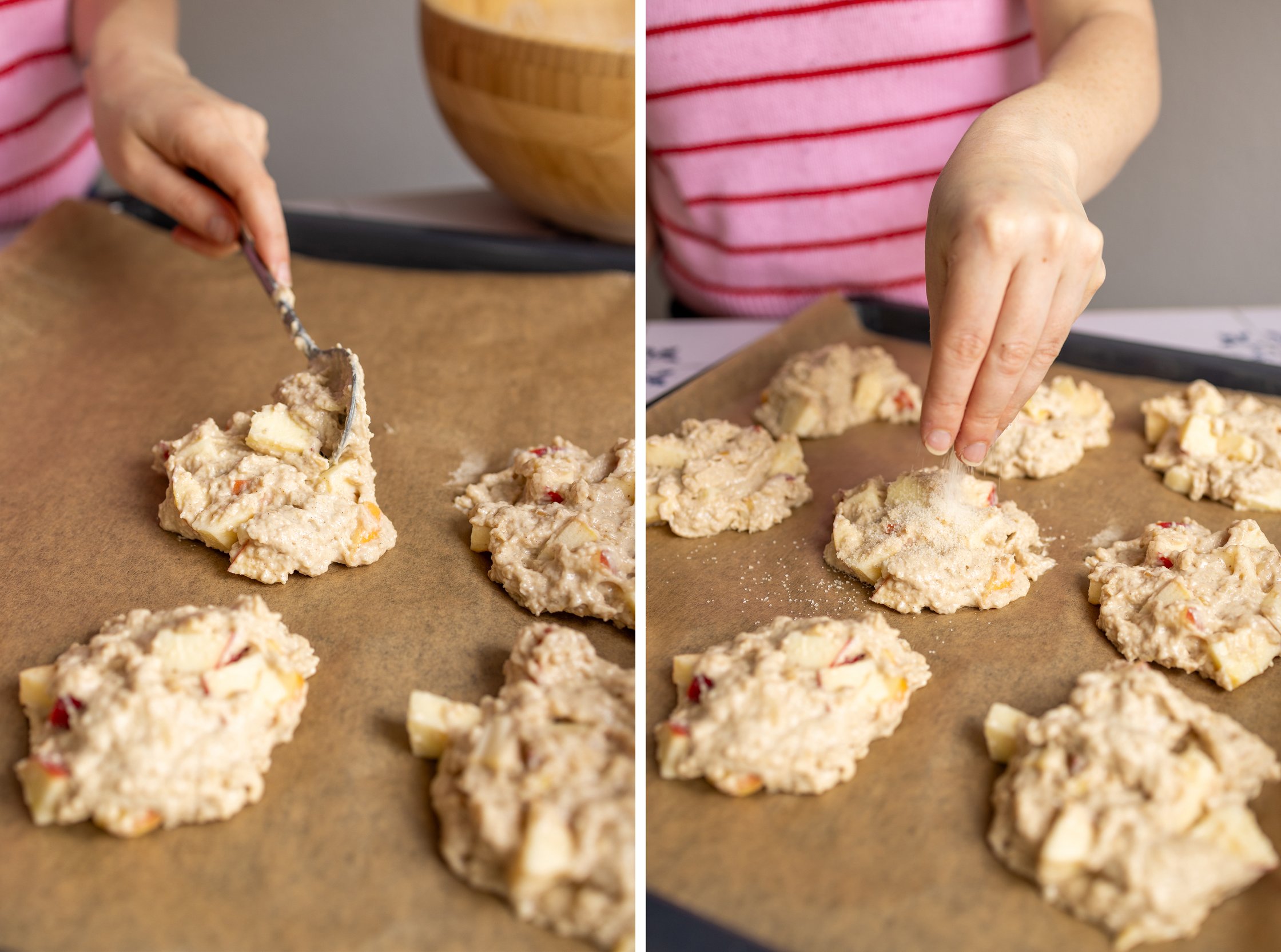 adding Vegan Apple Bites on a sheetpan and sprinkling them with sugar