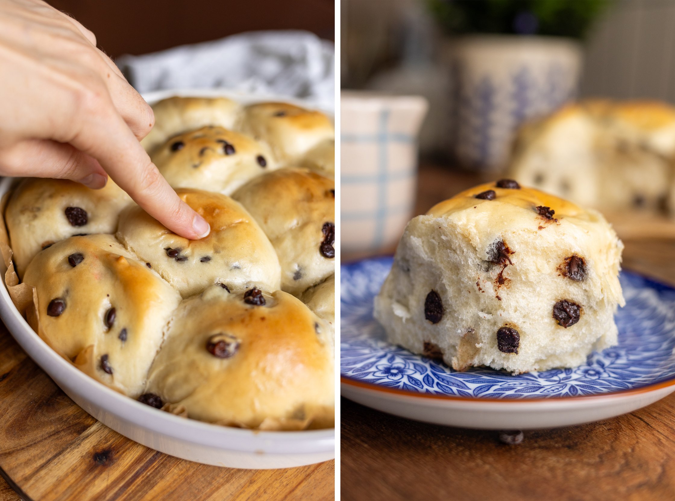 Vegan milk rolls with chocolate chips and raisins on white plate, hand pressing into soft roll