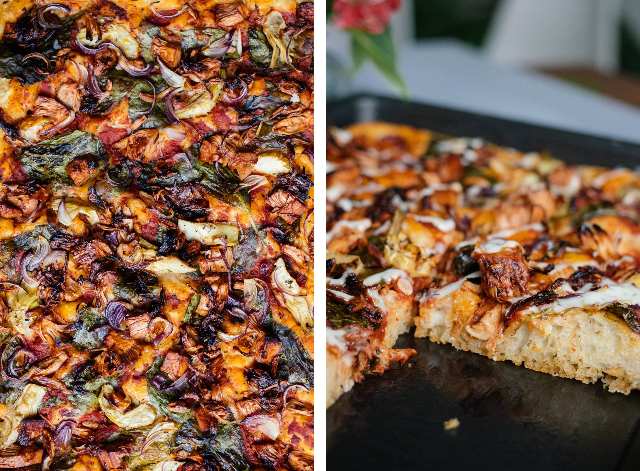 closeup of vegan bbq sheetpan pizza