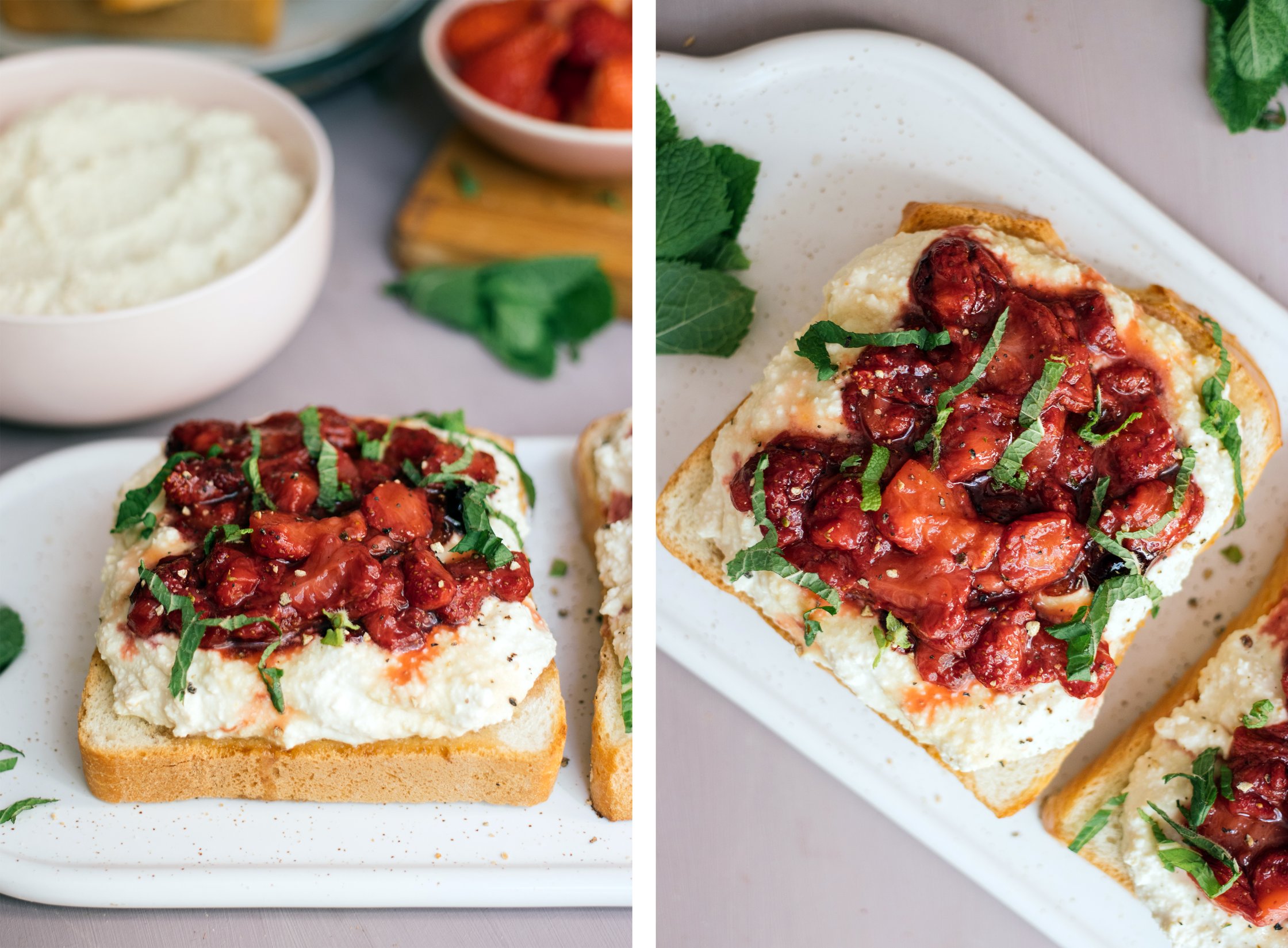nahaufnahme von Frühstückstoasts mit veganem Ricotta und gebackenen Erdbeeren
