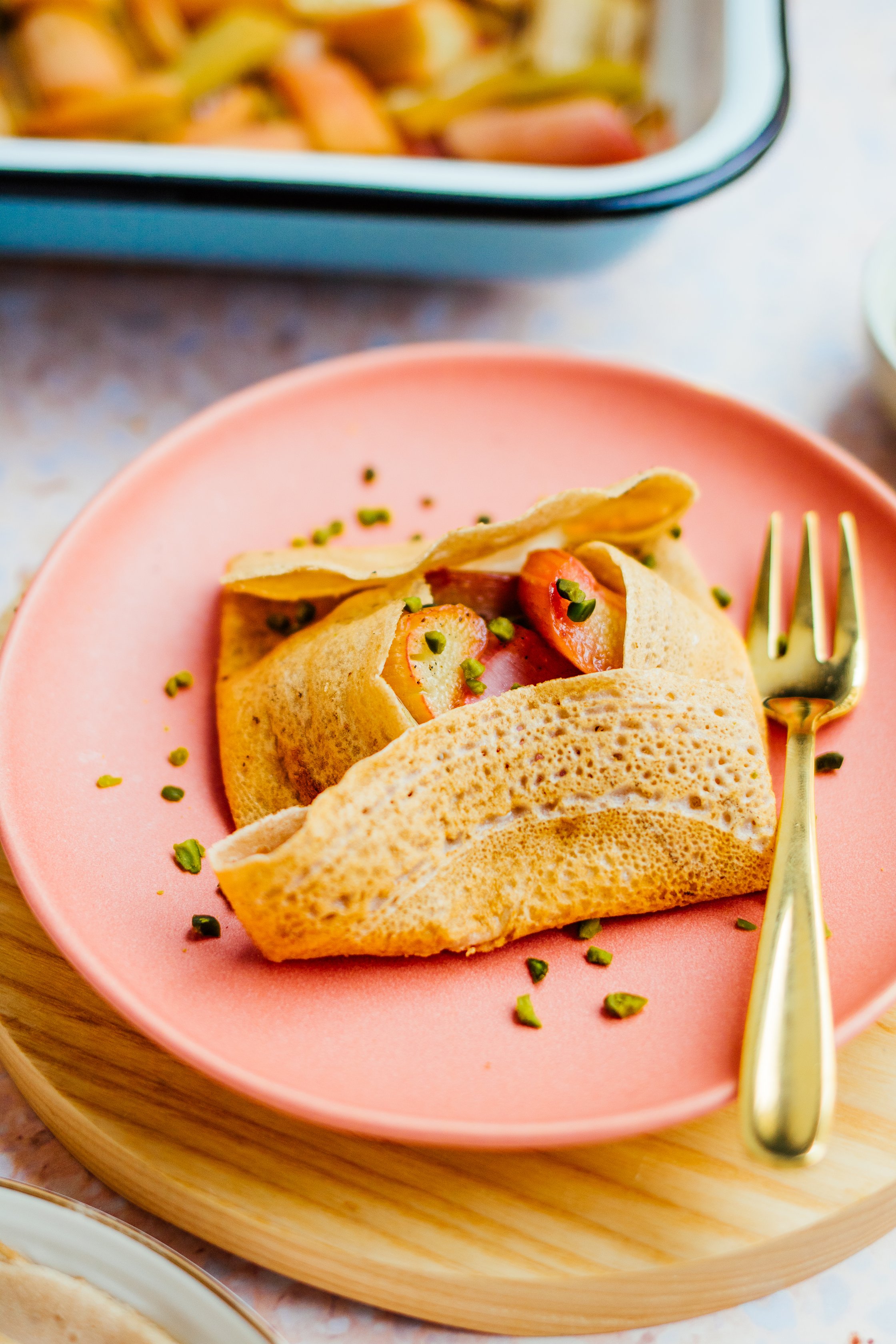 mini french buckwheat galette with rhubarb compote