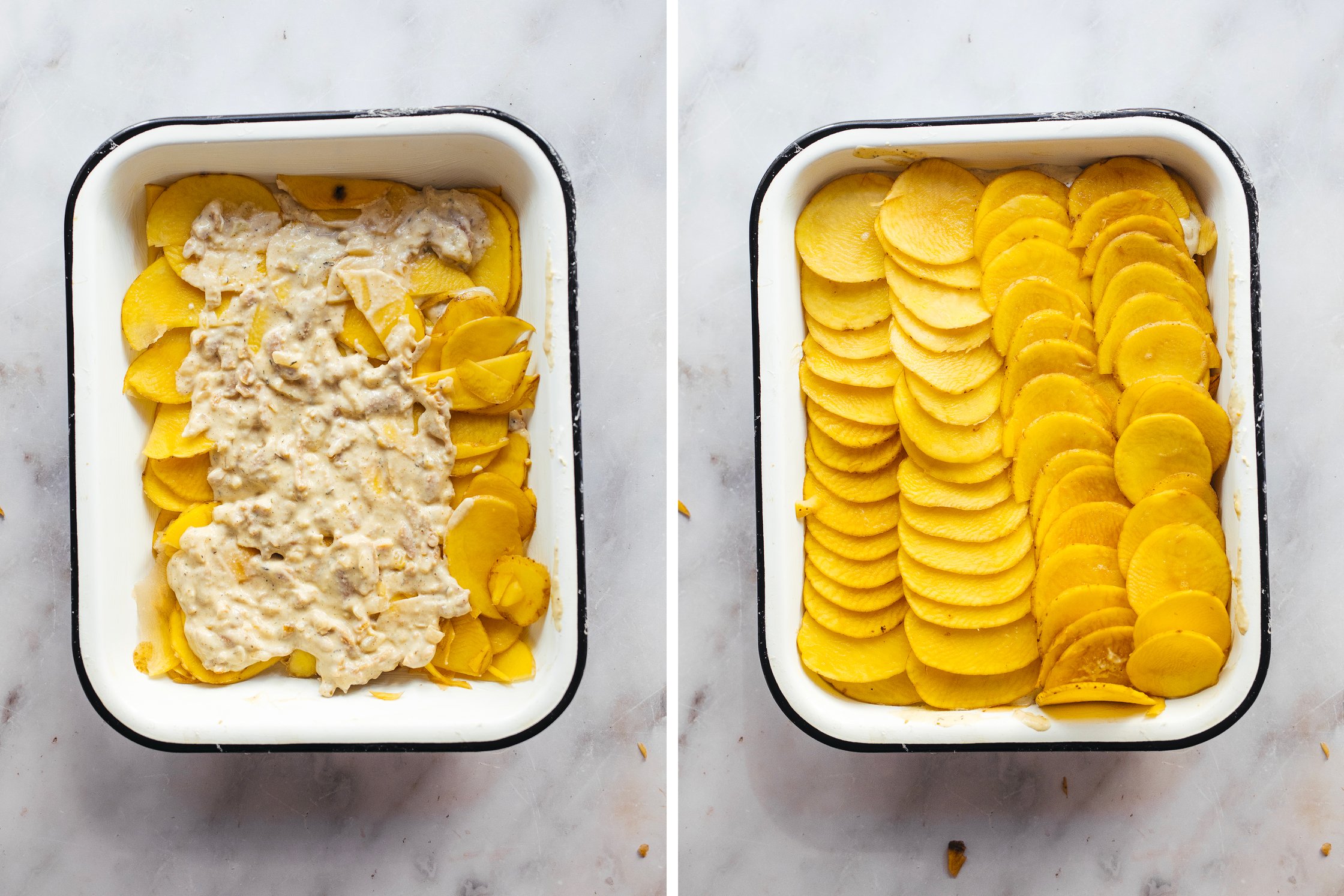 placing sauce and potatoes in a casserole dish