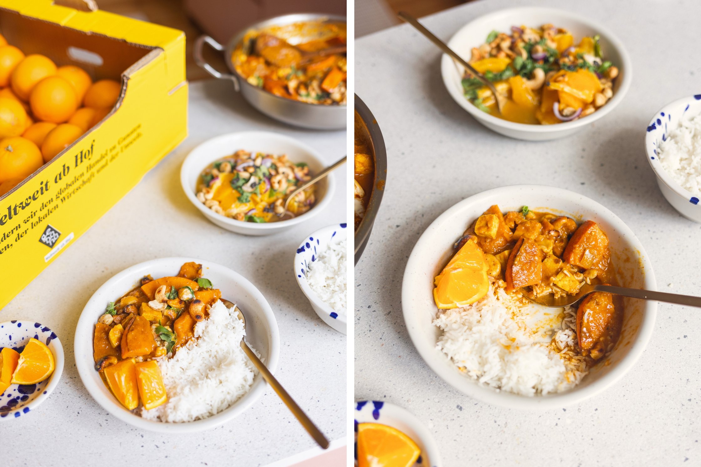 vegan pumpkin curry in white plates with oranges from gebana