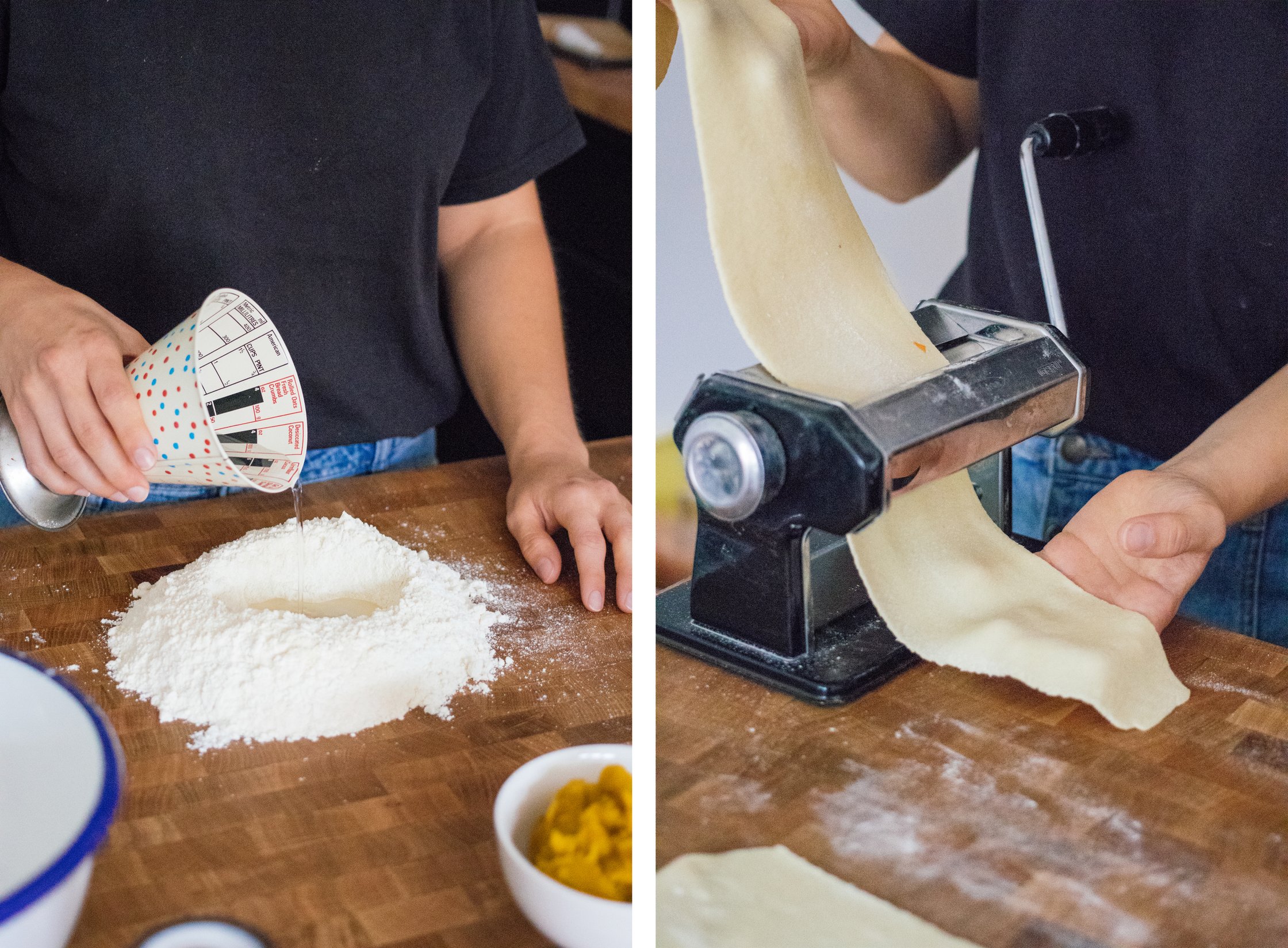rolling out vegan pasta dough with a pasta machine