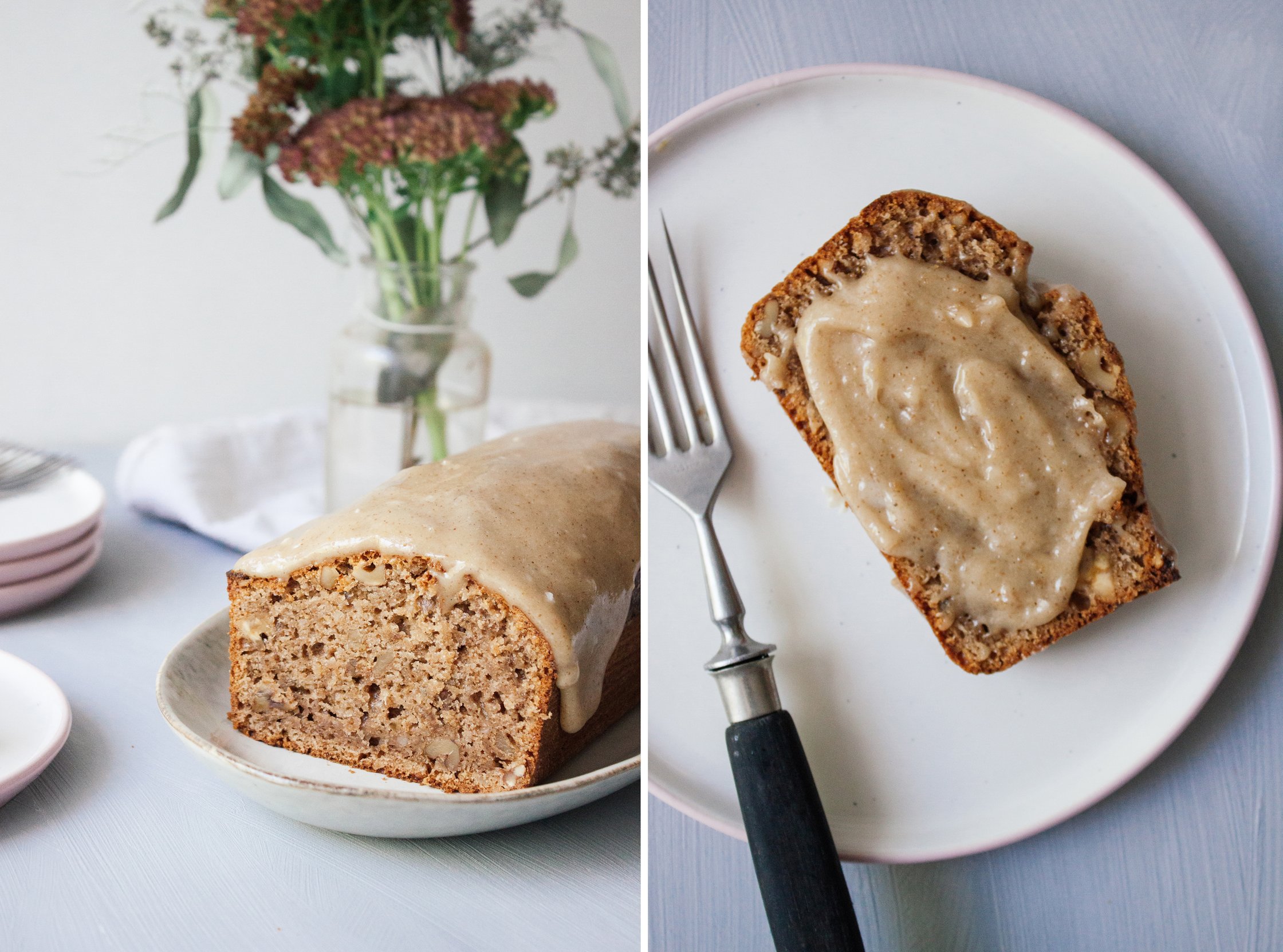 slice of walnut cake spread with frosting