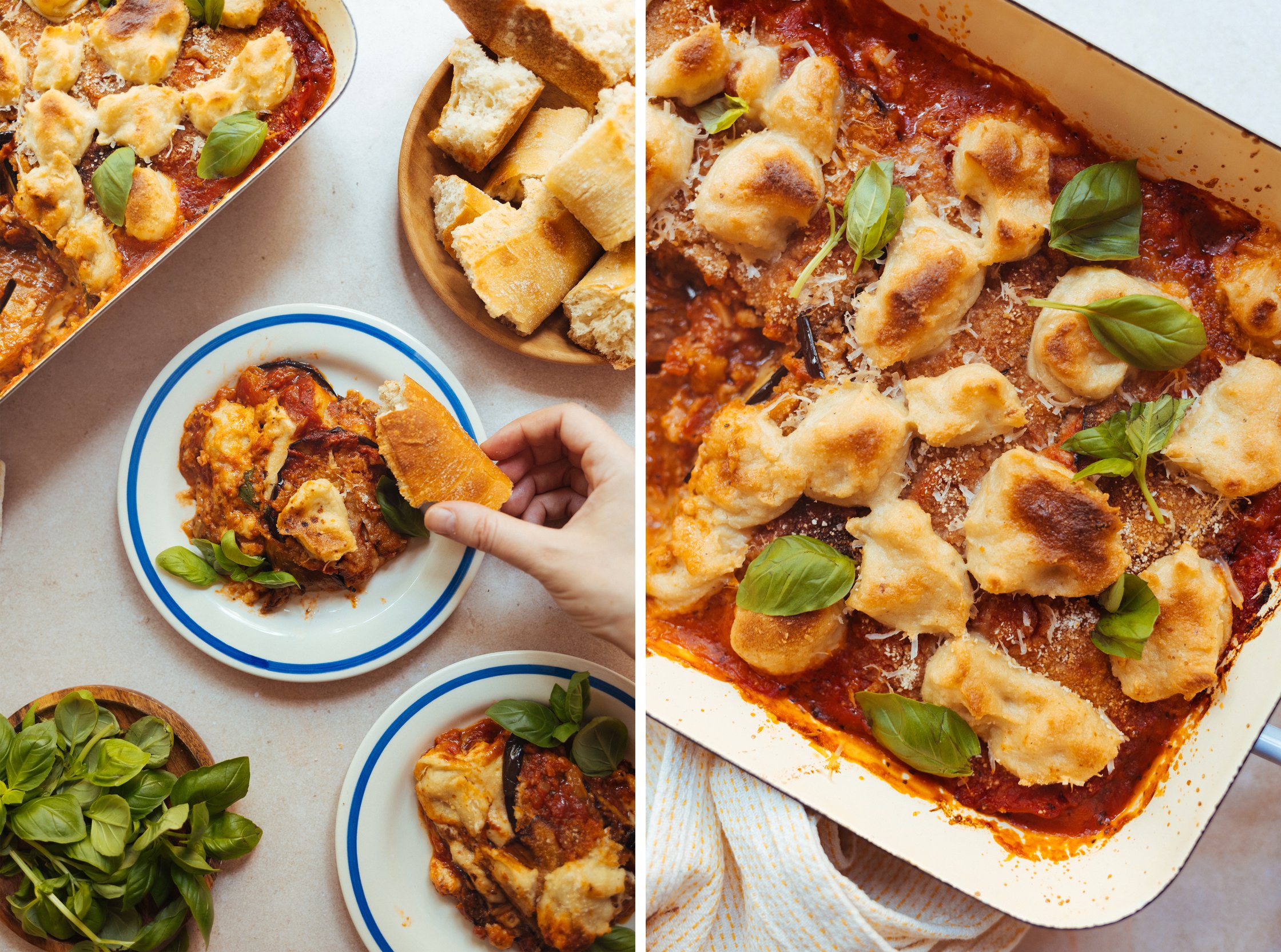 ein teller mit Veganem Auberginenauflauf (Parmigiana di melanzane) und brot als beilage