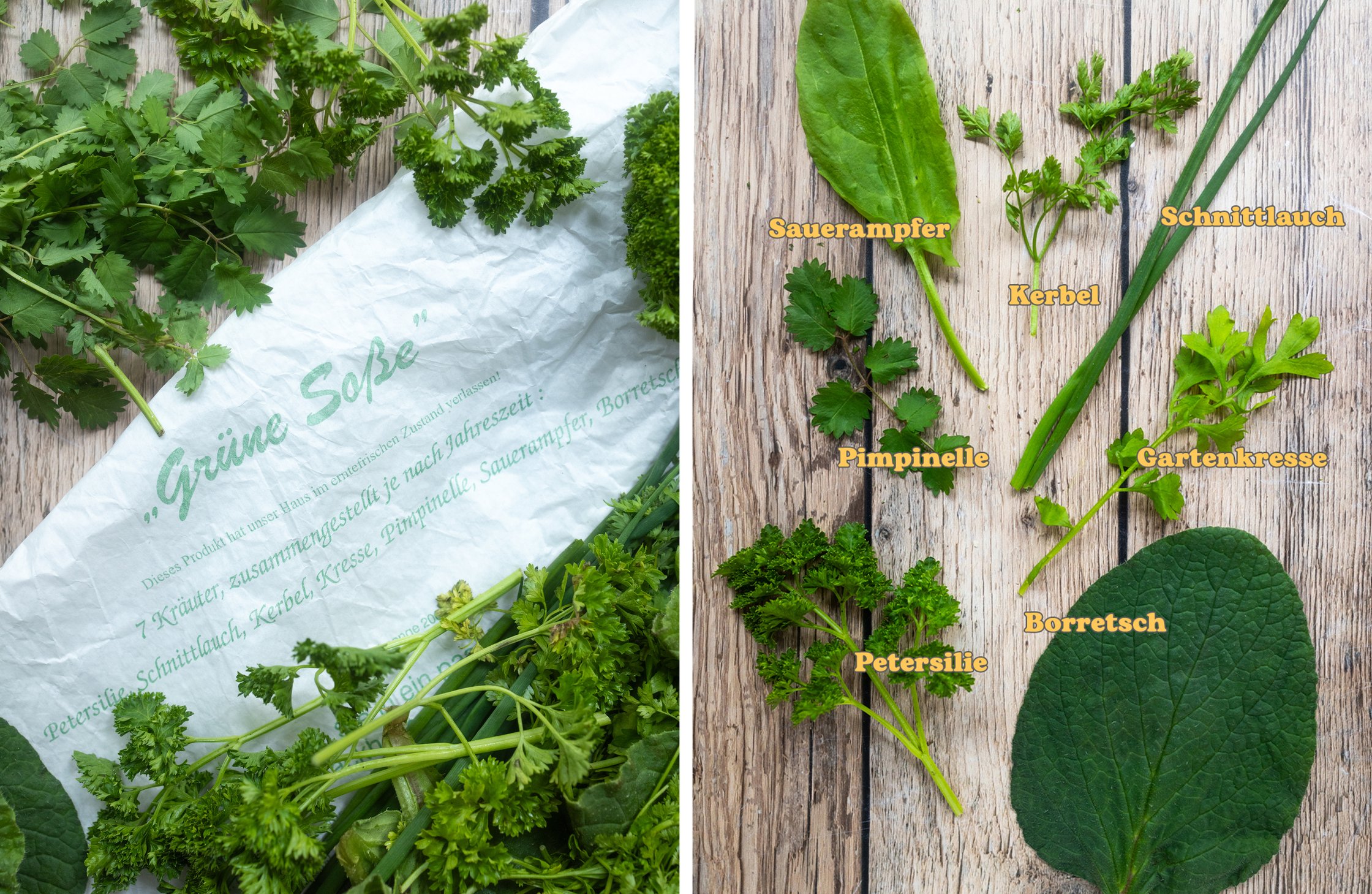 links: vegane grüne soße Kräuter mit verpackung
rechts: Kerbel, Petersilie, Kresse, pimpinelle, borretsch, Sauerampfer, Schni