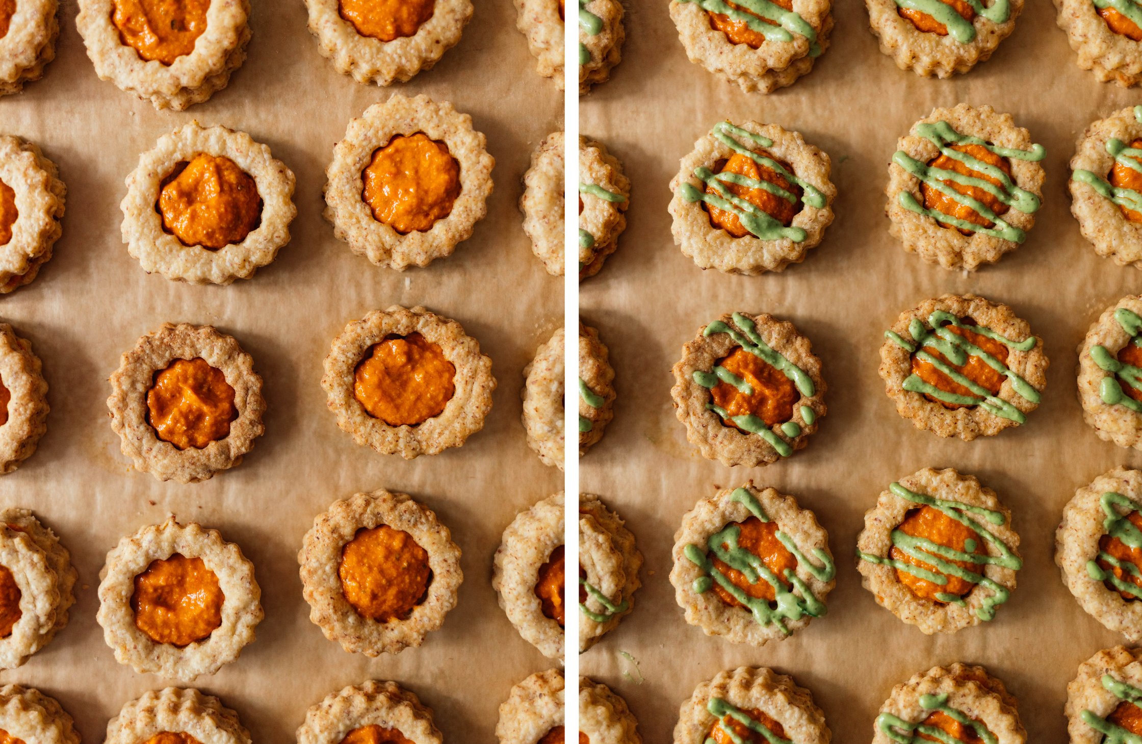 savory vegan Linzer cookies topped with basil cream