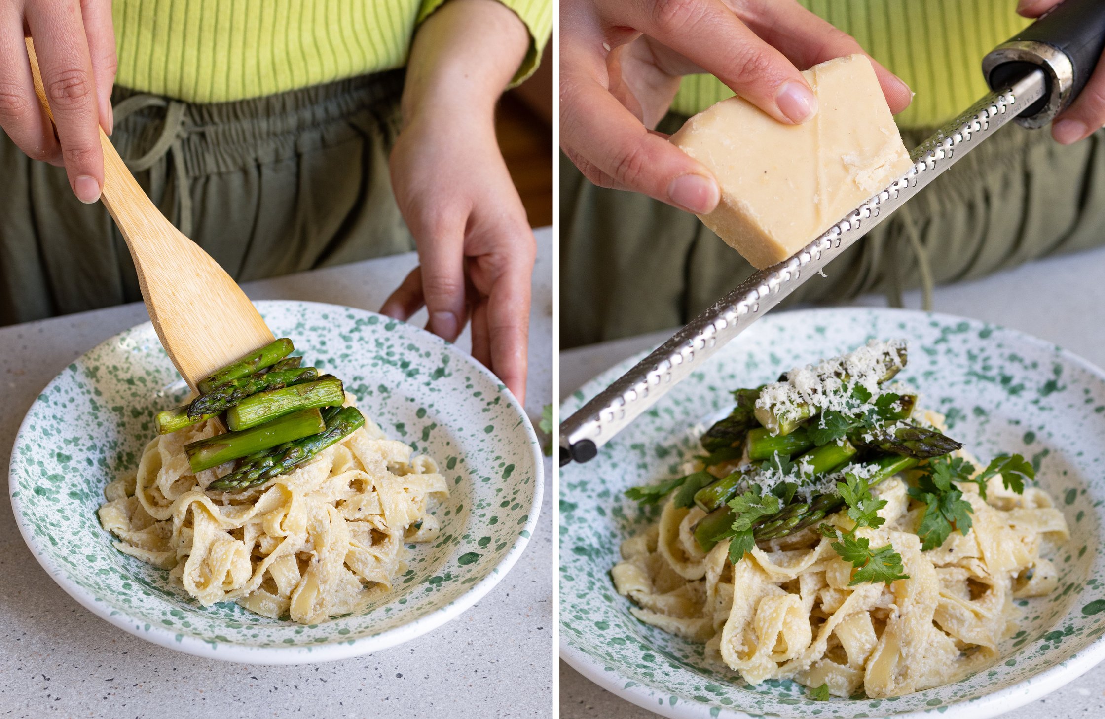 Links: Nudeln werden mit Spargel getoppt. Rechts: Parmesan wird über die Nudeln gerieben.