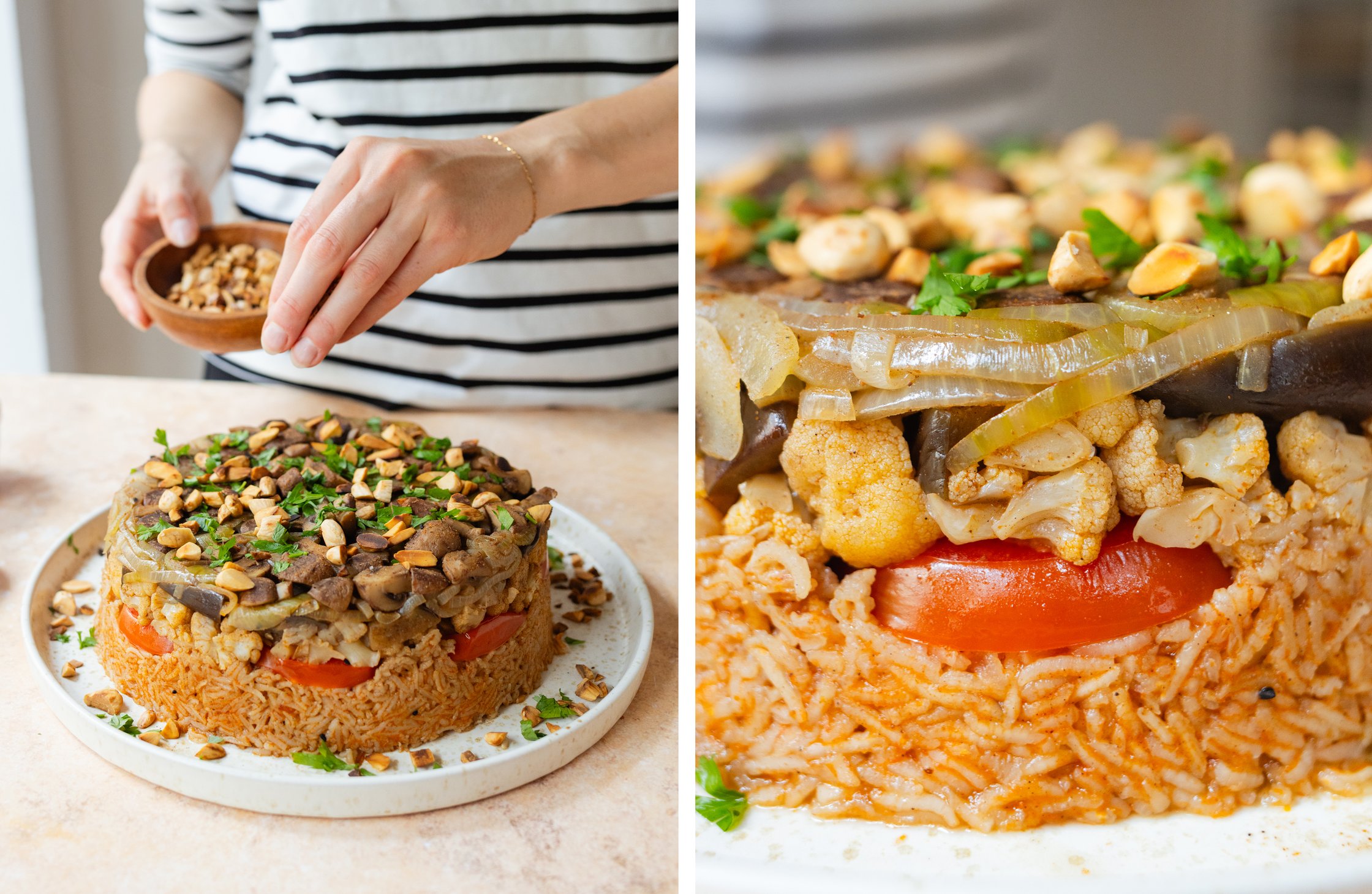 veganes Maqluba wird mit Mandeln dekoriert; veganes Maqluba in Nahaufnahme