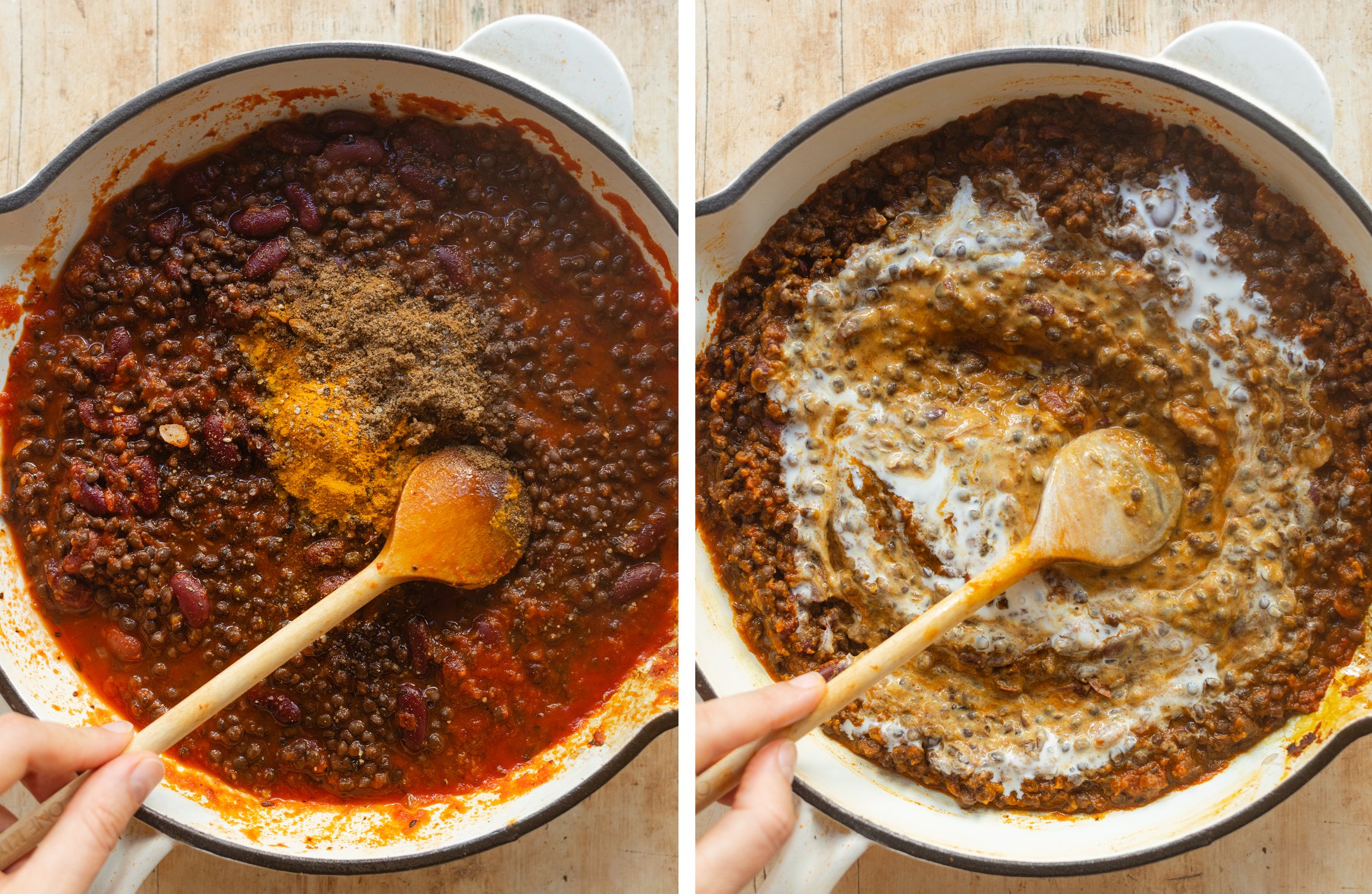 veganes Dal Makhani wird in einer Pfanne zubereitet