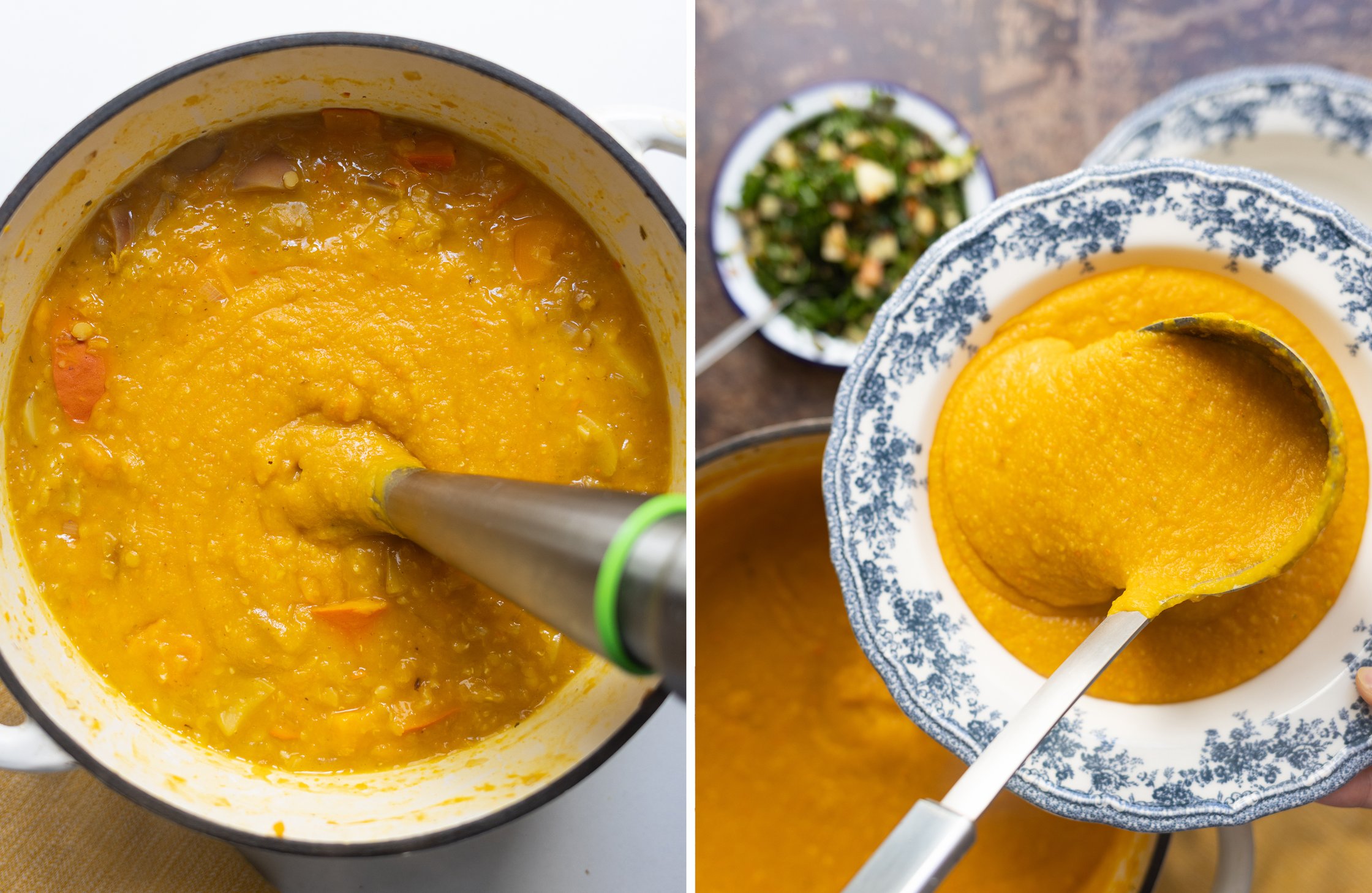 Links: Die Suppe wird mit eienem Pürierstab püriert. Rechts: Die fertige Suppe wird auf einen Teller geschöpft.