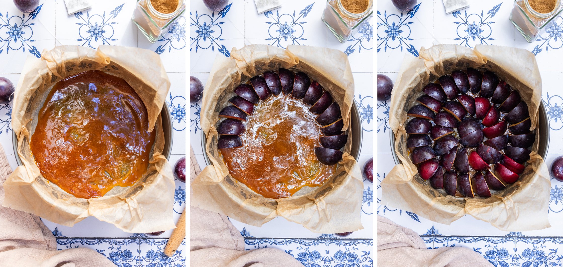 In three pictures, first caramel and then the plums are arranged in a springform pan.