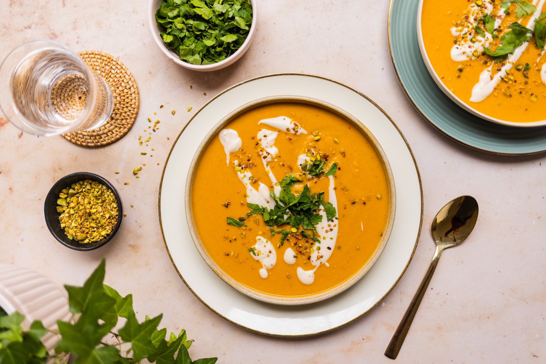 Gekochte und pürierte rote Linsensuppe mit Pistazien, Petersilie und Koriander; Glas mit Wasser, Pflanze