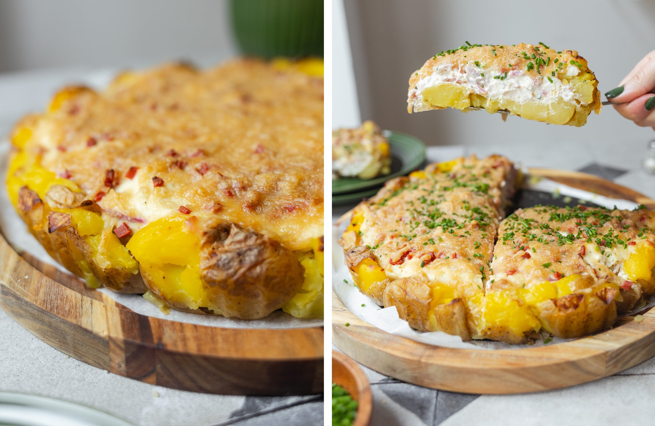close-up of ready baked potato tarte; a piece is lifted out of the tarte